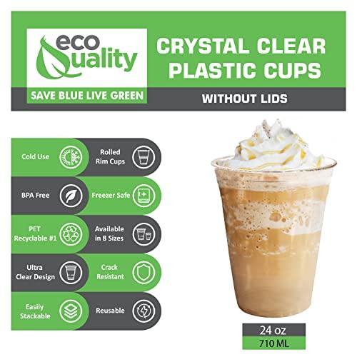 EcoQuality Clear Plastic Disposable Pet Cups | 24 oz Cups, 150 Pack | Crystal Clear PET Cup | Cold Smoothie | Iced Coffee Go Cups | Ideal for Coffee, Parfait, Juice, Soda, Cocktail, Party Cups (24oz, 150 count)