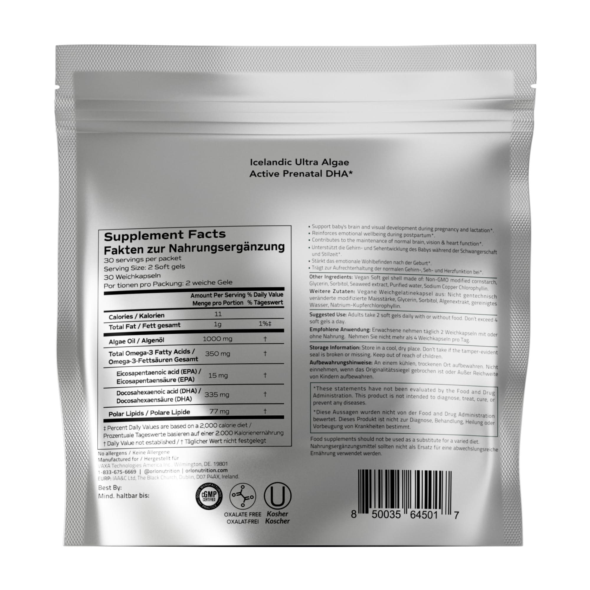 Orlo Orlo PRENATAL DHA - Prenatal DHA Omega 3 Supplement - Triple Strength Omega3s - Vegan DHA & EPA Algae Omega-3 Oil - Supports Brain Development During Pregnancy & Lactation (120 Mini Softgels)