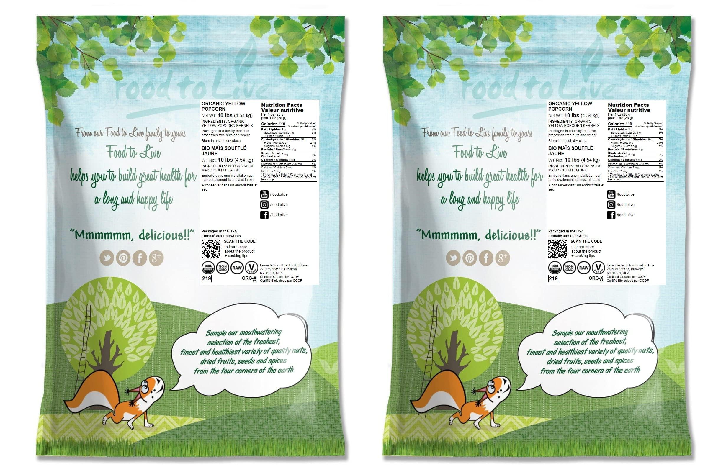 Food to Live Food to Live Organic Yellow Popcorn Non-GMO Corn Kernels, 100% Whole Grain, No Additives, No Preservatives, Vegan, Bulk. Theater-Quality Popcorn. Easy to Make. High Fiber, and Low-Calorie Snack