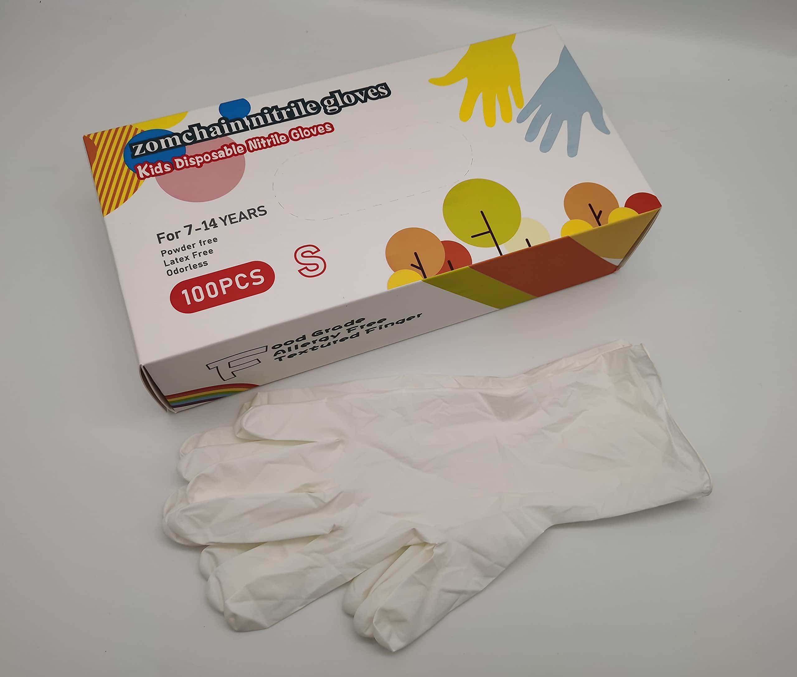 zomchain nitrile gloves Disposable Kid Gloves, Nitrile Gloves for 7-14 Years - Latex Free Gloves, Food Grade, Powder Free - for Halloween Preparation, Crafting, Painting, Gardening, Cooking, Cleaning - 100 PCS White
