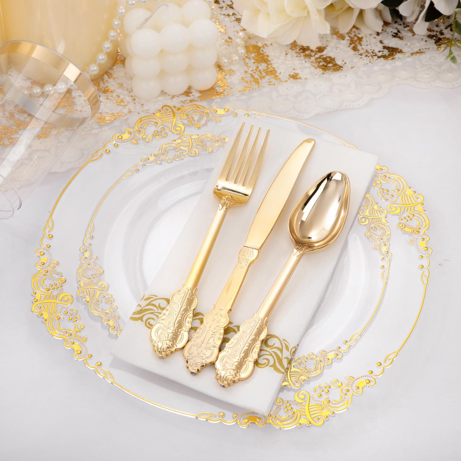 Nervure 350PCS Clear Gold Plastic Plates 400PCS Pre Rolled Gold Plastic Silverware Sets for Parties Dinners Weddings