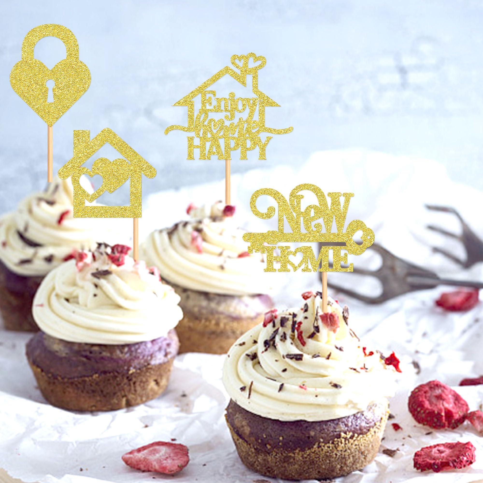 24 Pcs Sweet Home Cupcake Toppers - Golden Glitter Housewarming Party Decorations