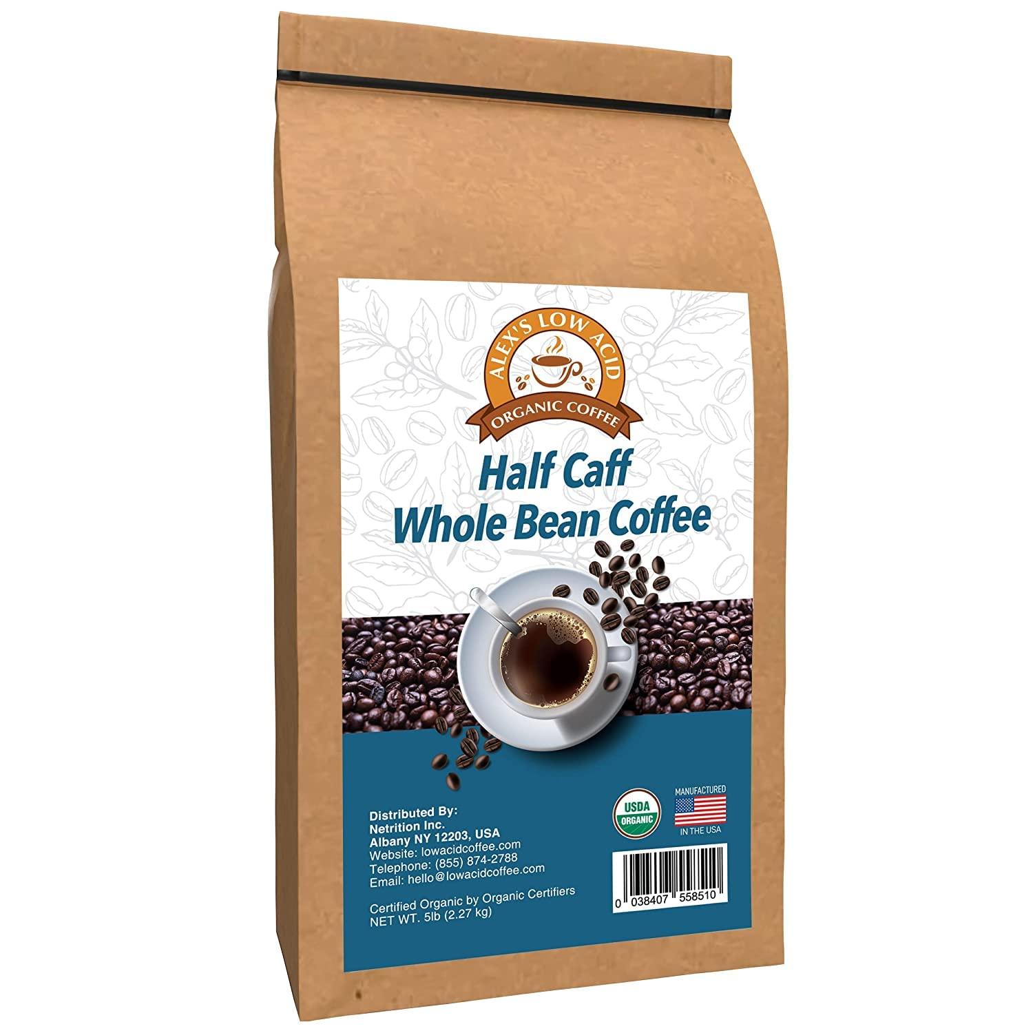 ALEX'S LOW ACID ORGANIC COFFEE Alex's Low Acid Organic Coffee 5lb Bag - Half Caff Whole Bean