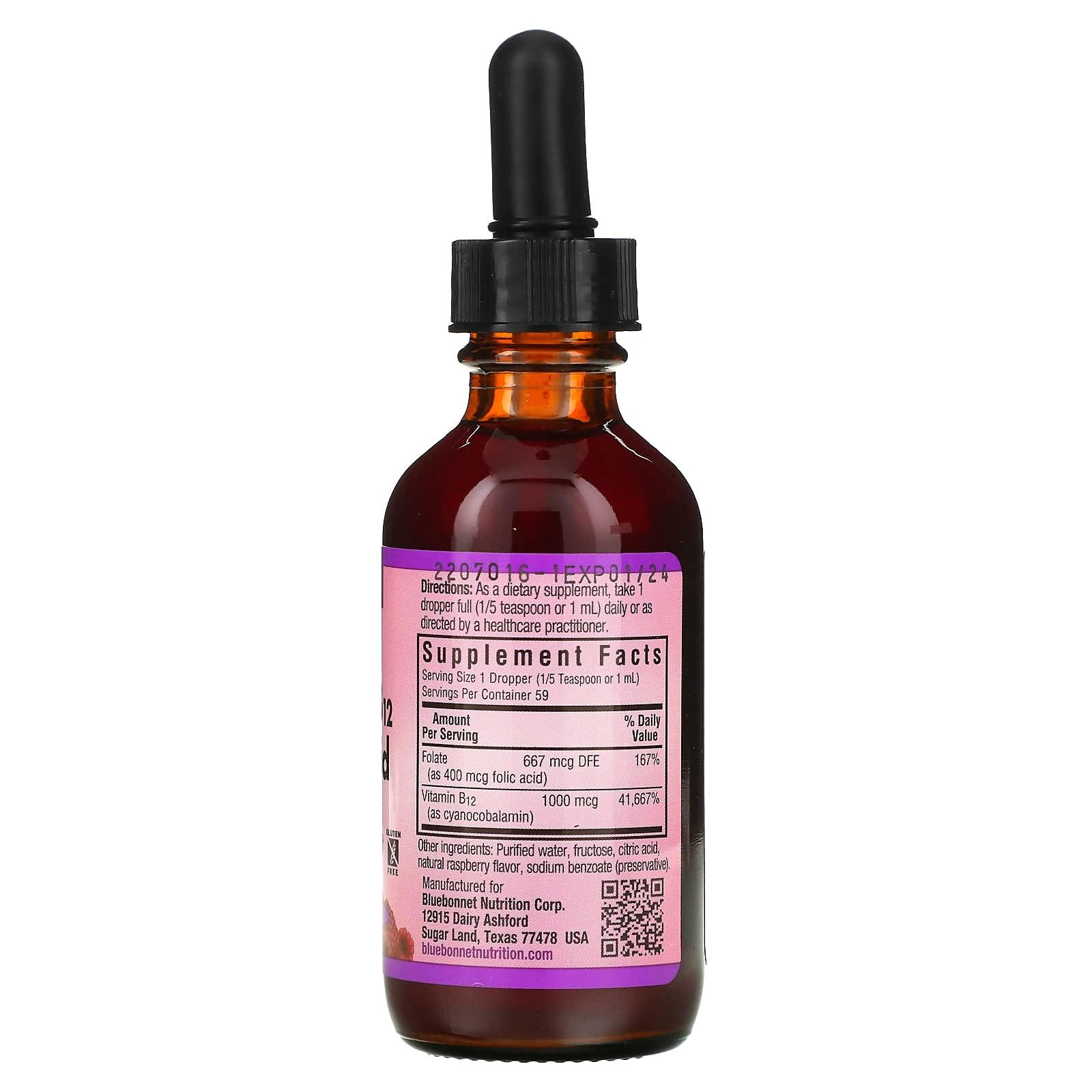 Bluebonnet Bluebonnet Nutrition Liquid Vitamin B12 & Folic Acid, for Energy Boost*, Soy-Free, Gluten-Free, Dairy-Free, Vegan, 400 mcg of Folic Acid & 1000 mcg of Vitamin B12 Per Serving, 2 fl oz, 59 Servings