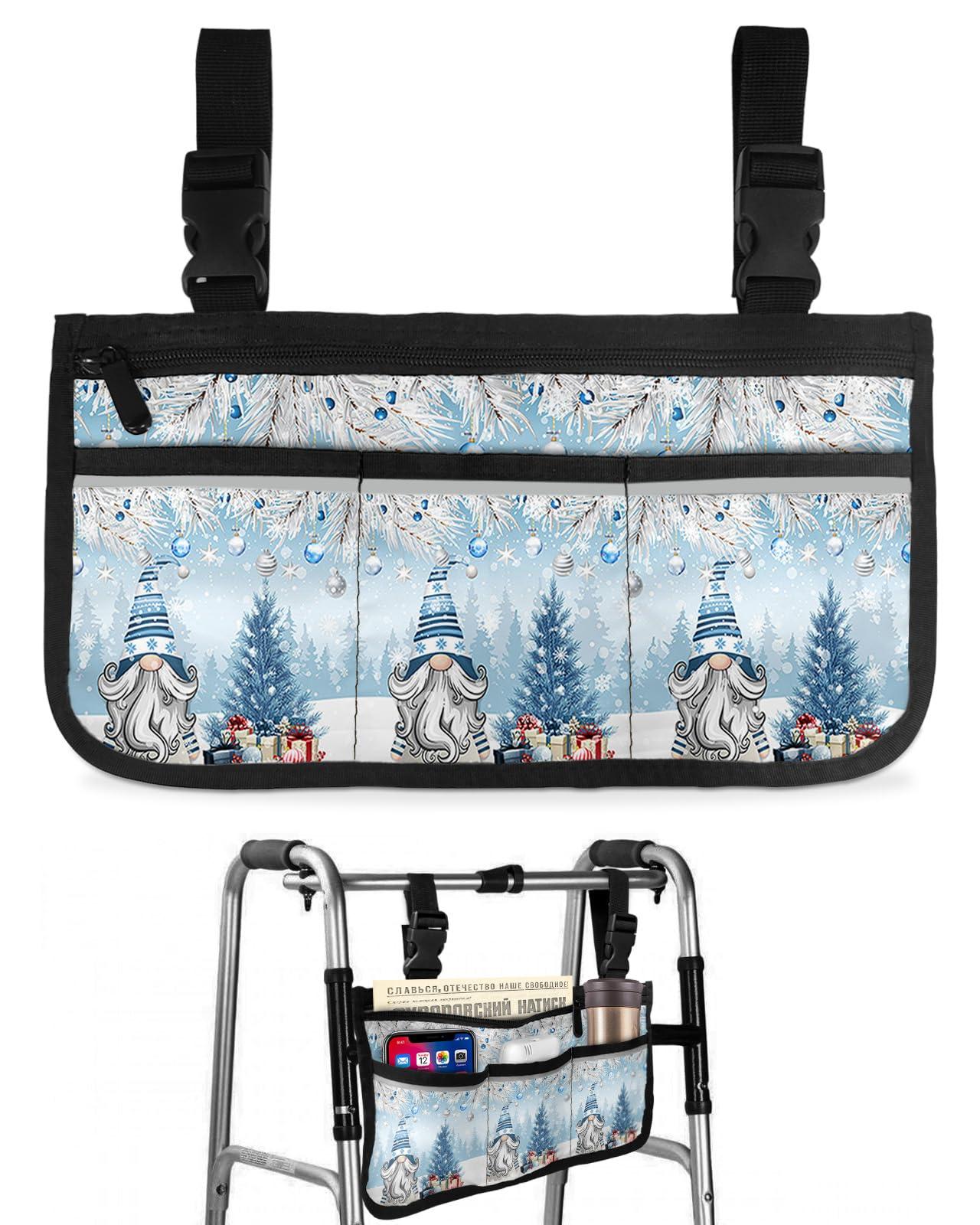 Sabolny Christmas,Wheelchair Side Bag, Wheelchair Walker Armrest Bags with Cup Holder & Reflective Stripes, Mobility Scooter Walker Rollator Wheelchair Accessories Winter Gnomes Xmas Silver Tree Pine Blue
