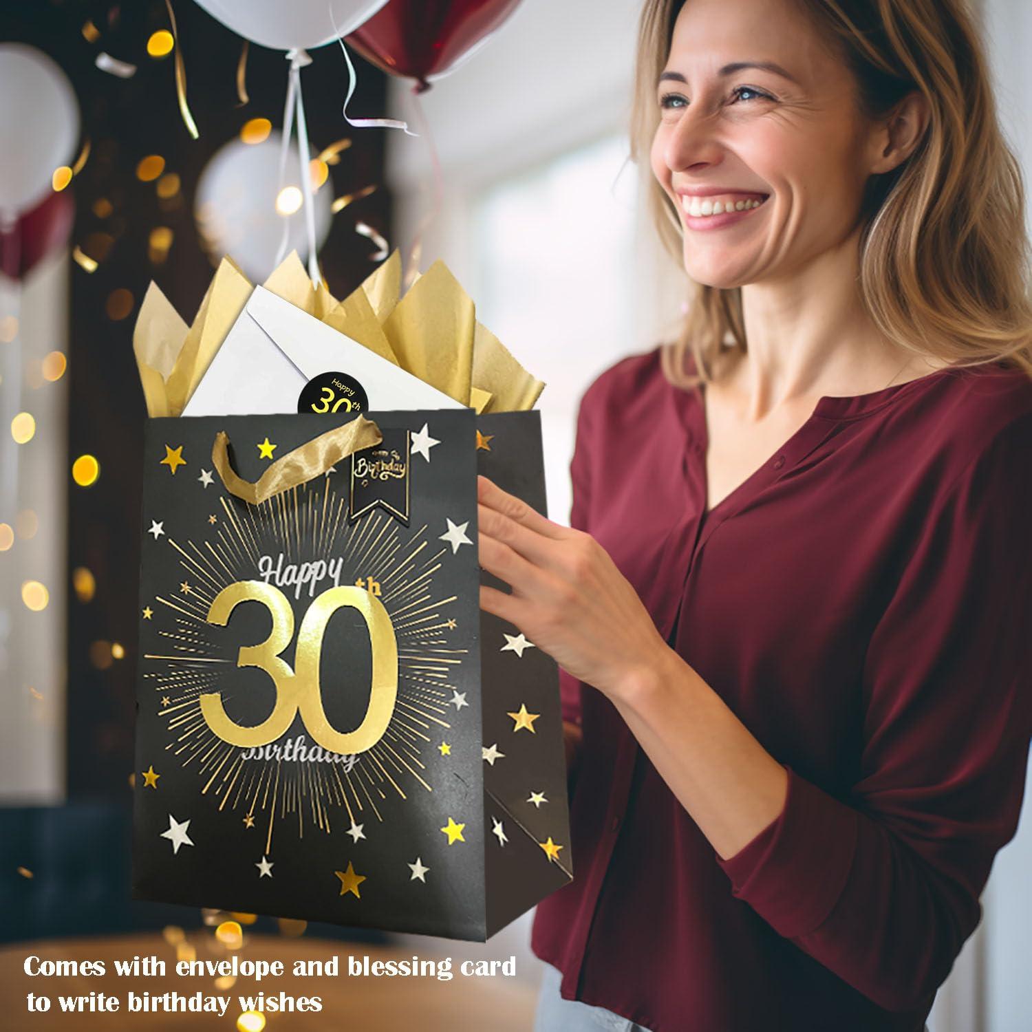 Yitla Yitla 30th birthday gift bag for men,13\" Black Happy 30th Birthday Gift Bag with Card and Tissue Paper for Men Women 30th Birthday Party Supplies (30th Happy Birthday)