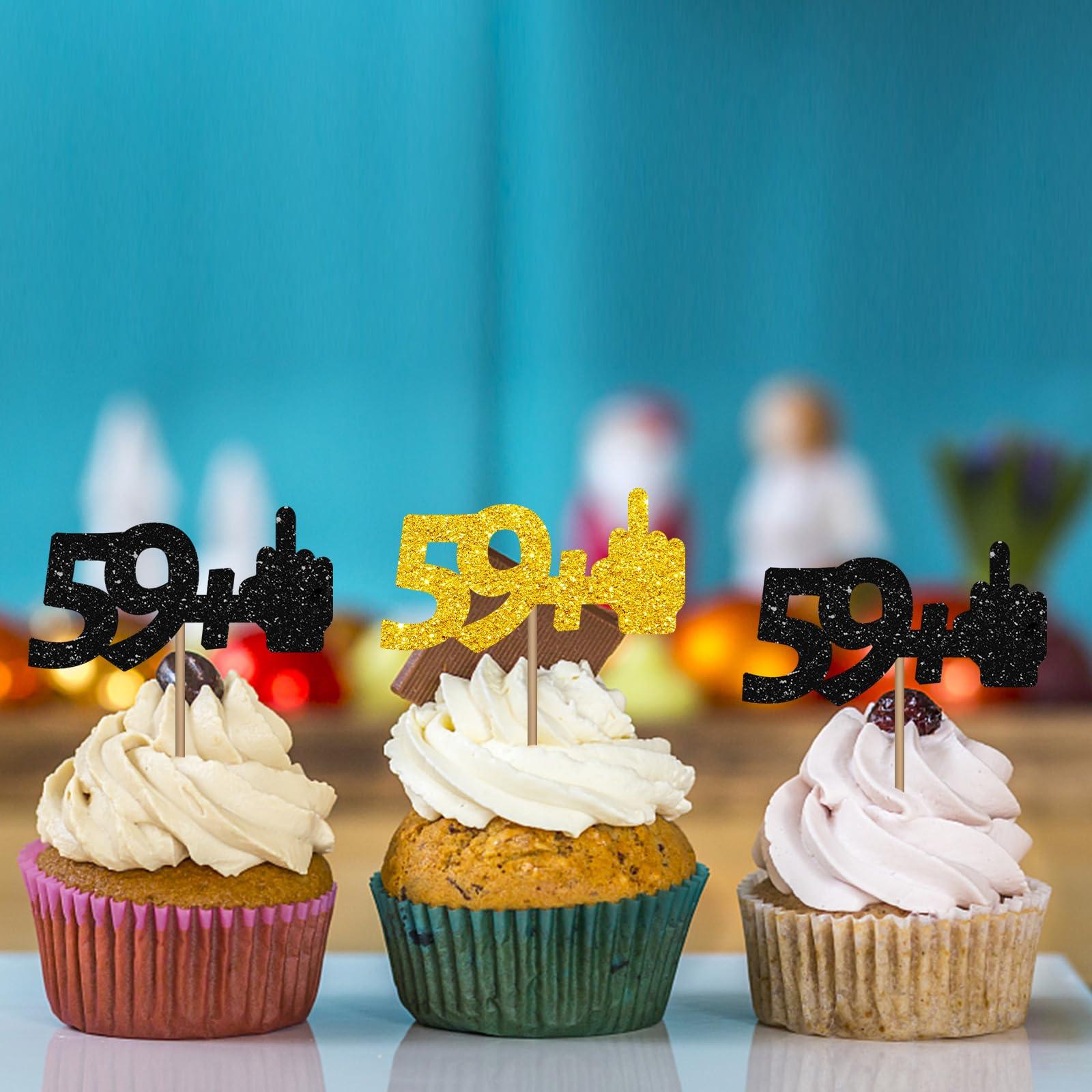 MINUET MINUTE 59+1 Cupcake Toppers, Middle Finger Happy 60th Birthday Cupcake Toppers, Happy 60th Anniversary Dessert Picks,Funny Cheers To 60 Years Old Birthday Party Decoration - Black & Gold Glitter