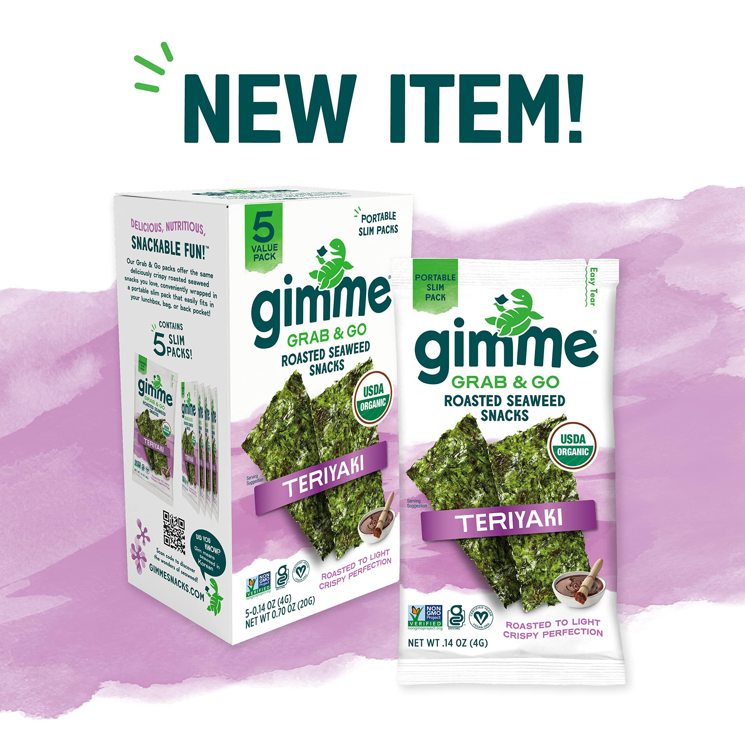 gimMe Gimme Seaweed Grab & Go Organic Premium Roasted Seaweed Snacks, Teriyaki, 5 Count Trayless, Keto, Vegan, Gluten-Free, Source of Omega3s and Iodine, Healthy On-The-Go Snack for Kids and Adults