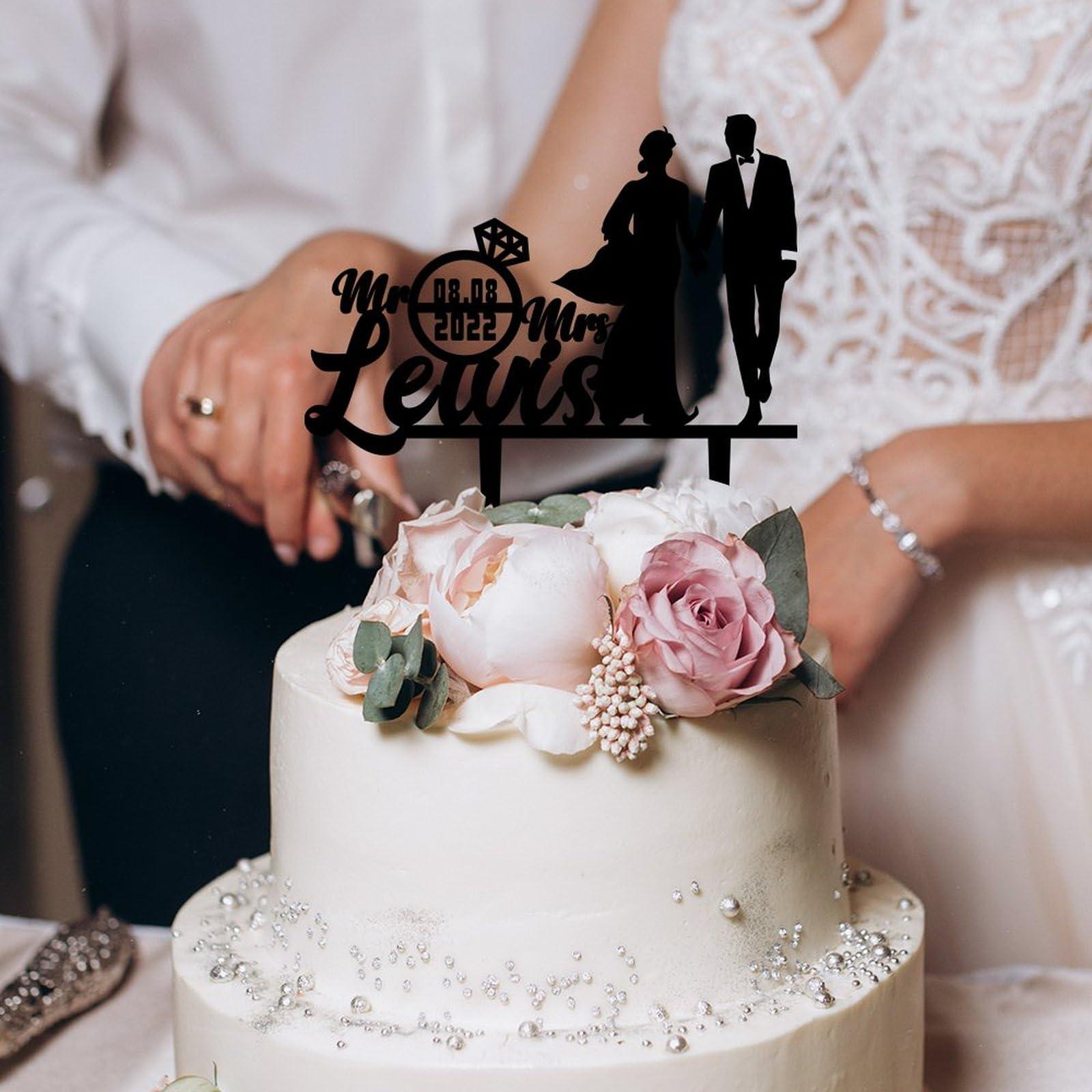 UanMere Personalized Wedding Cake Topper, Acrylic Cake Toppers, Bride And Groom Customized Last Name And Date Mr Mrs, Rustic Cake Toppers for Cake Bridal Shower