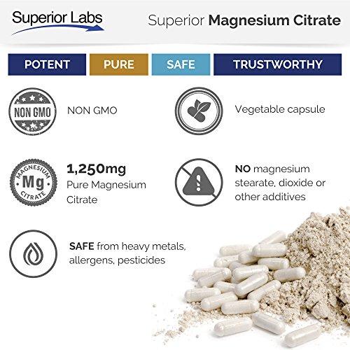 Superior Labs Superior Labs Magnesium Citrate - 100% NonGMO Safe from Additives, Stearates, Gluten and Other Allergens - Powerful Dose for Sleep, Cramps, Twitches - 1,250mg Citrate, 120 Vegetable Caps
