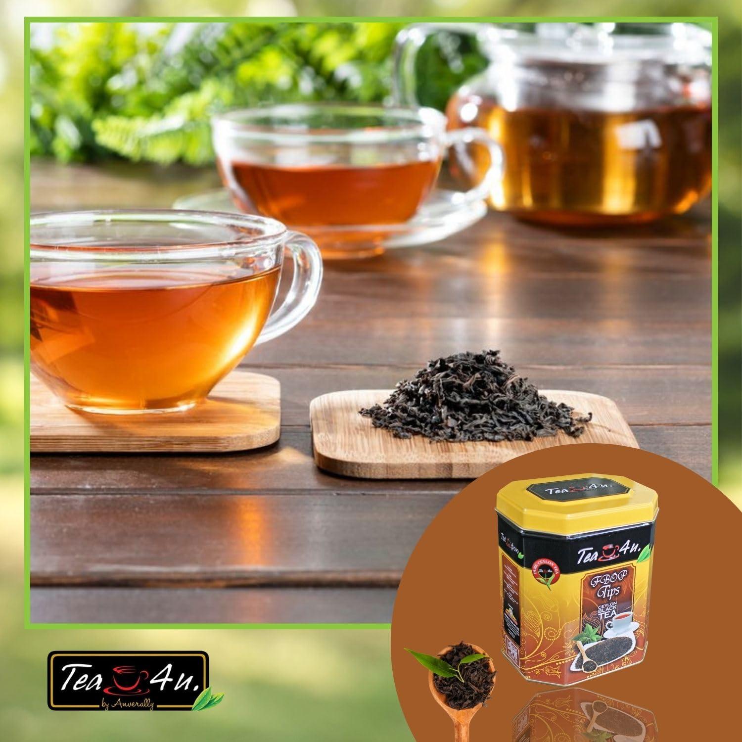 TEA 4U. BY ANVERALLY Tea4U FBOP Tips Loose Black Ceylon Tea, Fresh Handpicked Leaves with Metal Canister