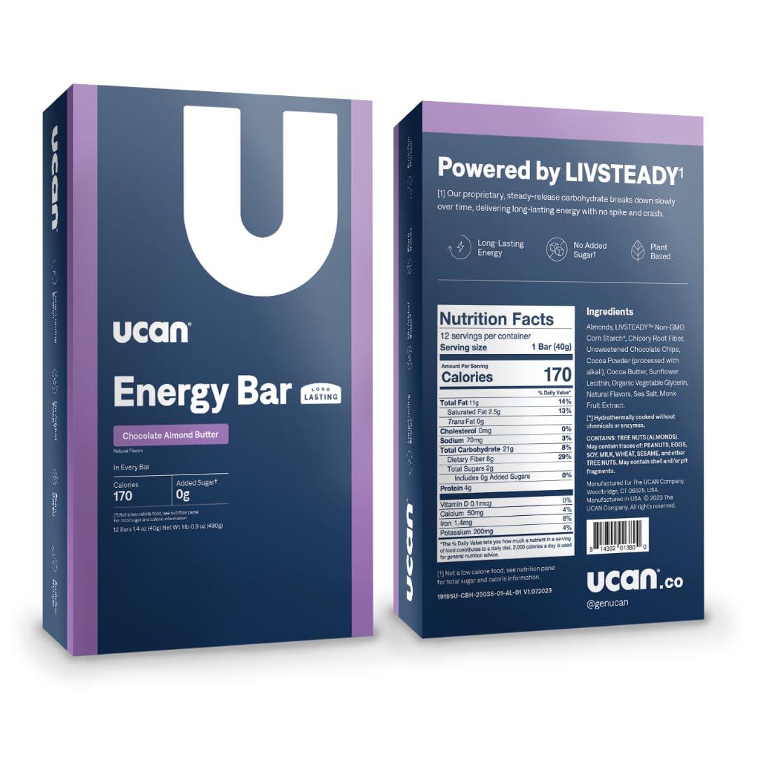UCAN UCAN Energy Bars | Low Sugar, Low Calories | Gut Friendly, Caffeine-Free, Vegan, Non-GMO, No Soy, Keto Friendly | Running, Cycling, Fitness, Pre & Post Workout | Chocolate Almond Butter 12 Count