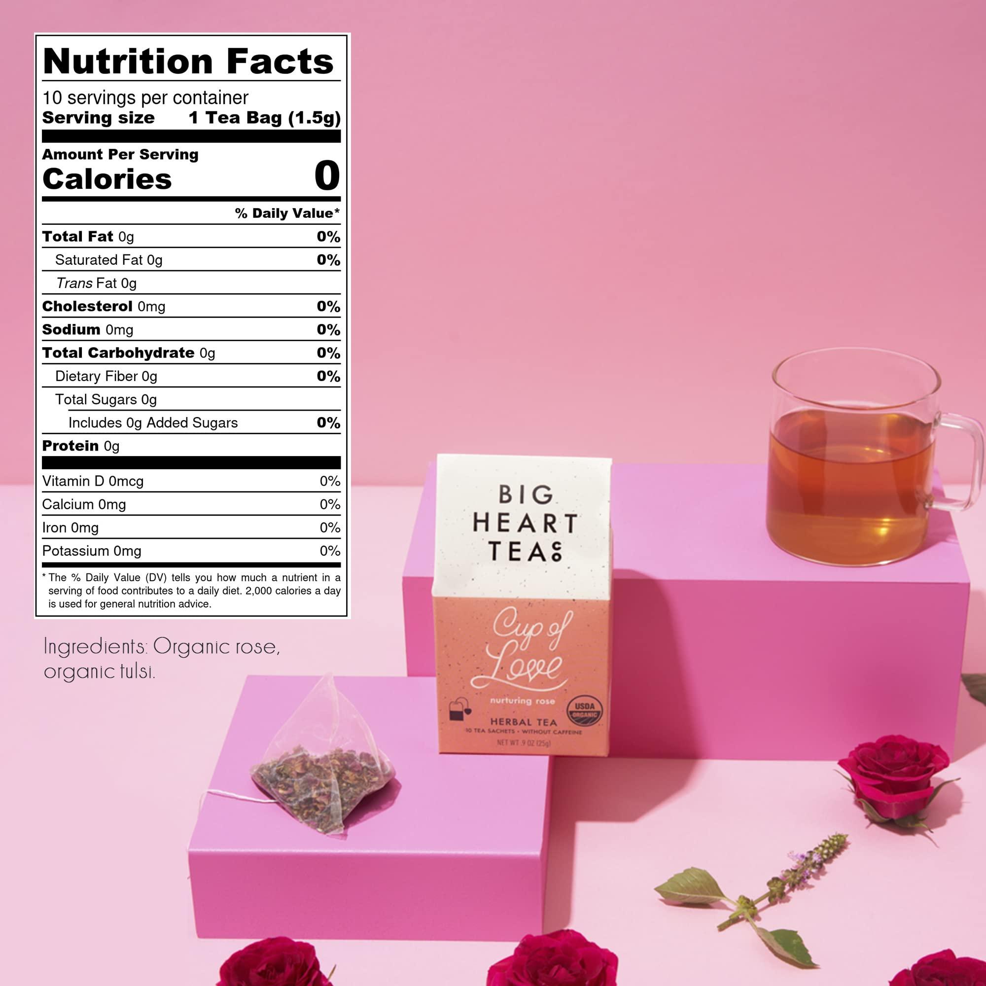 Big Heart Tea Co. Big Heart Tea Co. Tea Bags - Cup of Love Red Rose - Certified Organic, Floral Ayurvedic Herbal Decaf Tea in Zero Plastic Sachets with Small Batch Ground Herbs, Adaptogenic Tulsi, 2 Boxes - 20 Tea Bags