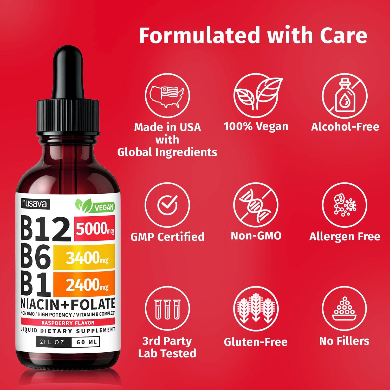 NUSAVA NUSAVA (4 Pack) Vitamin B12 and B6 Liquid Drops, Sublingual Vitamin B Complex B12 Methylcobalamin for Energy, Brain, Heart Support with 27,200 mcg, 80 Servings