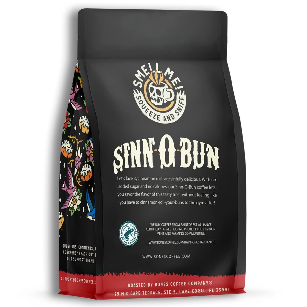 Bones Coffee Company Bones Coffee Company Sinn \'O\' Bun Flavored Coffee Beans, Medium Roast Ground Coffee Low Acid, Cinnamon Bun Flavor (12 oz)