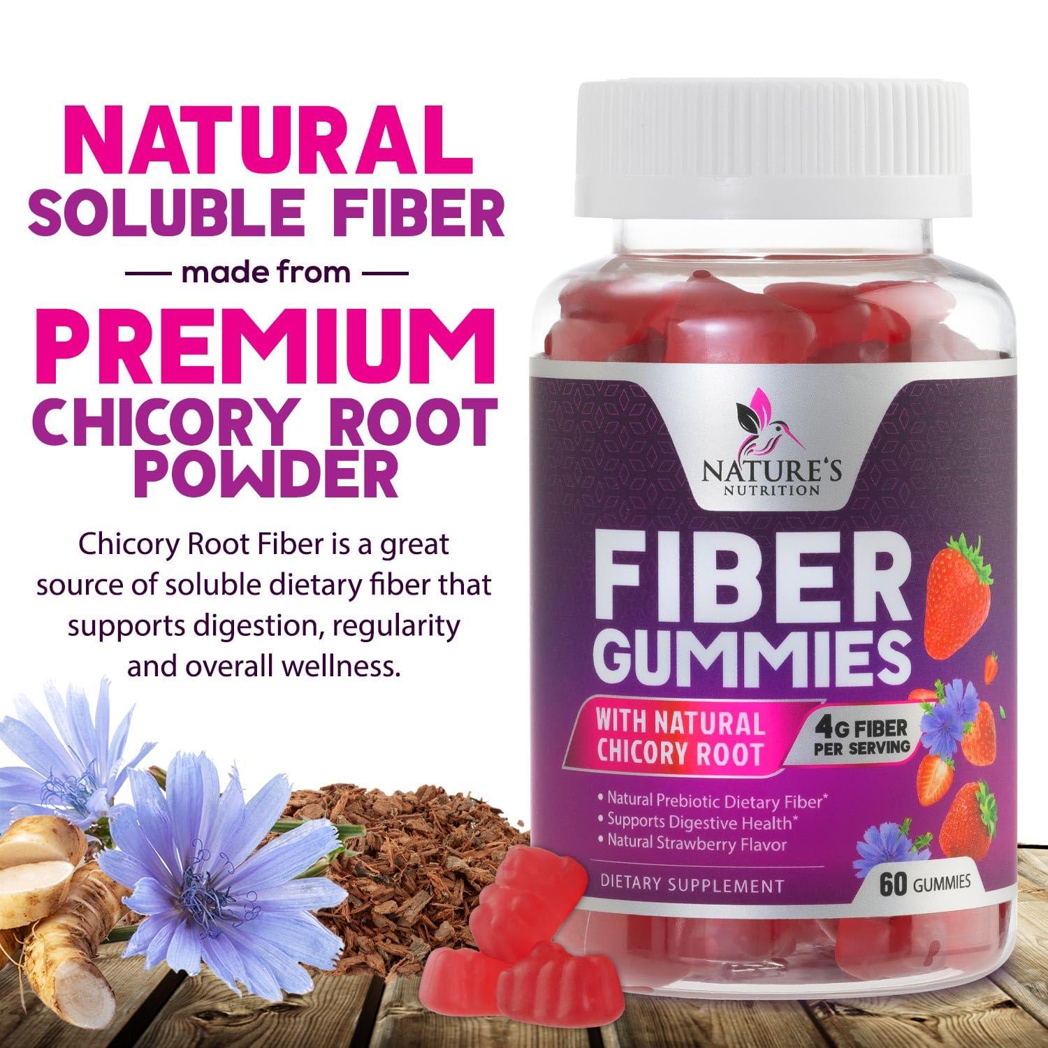 Nature\'s Nutrition Fiber Supplement Gummies for Digestive Health & Regularity Support, Fiber 4g Gummy for Adults, Daily Prebiotic Supplements, Natural Prebiotic Fiber Gummy, Plant Based, Strawberry Flavored - 60 Gummies