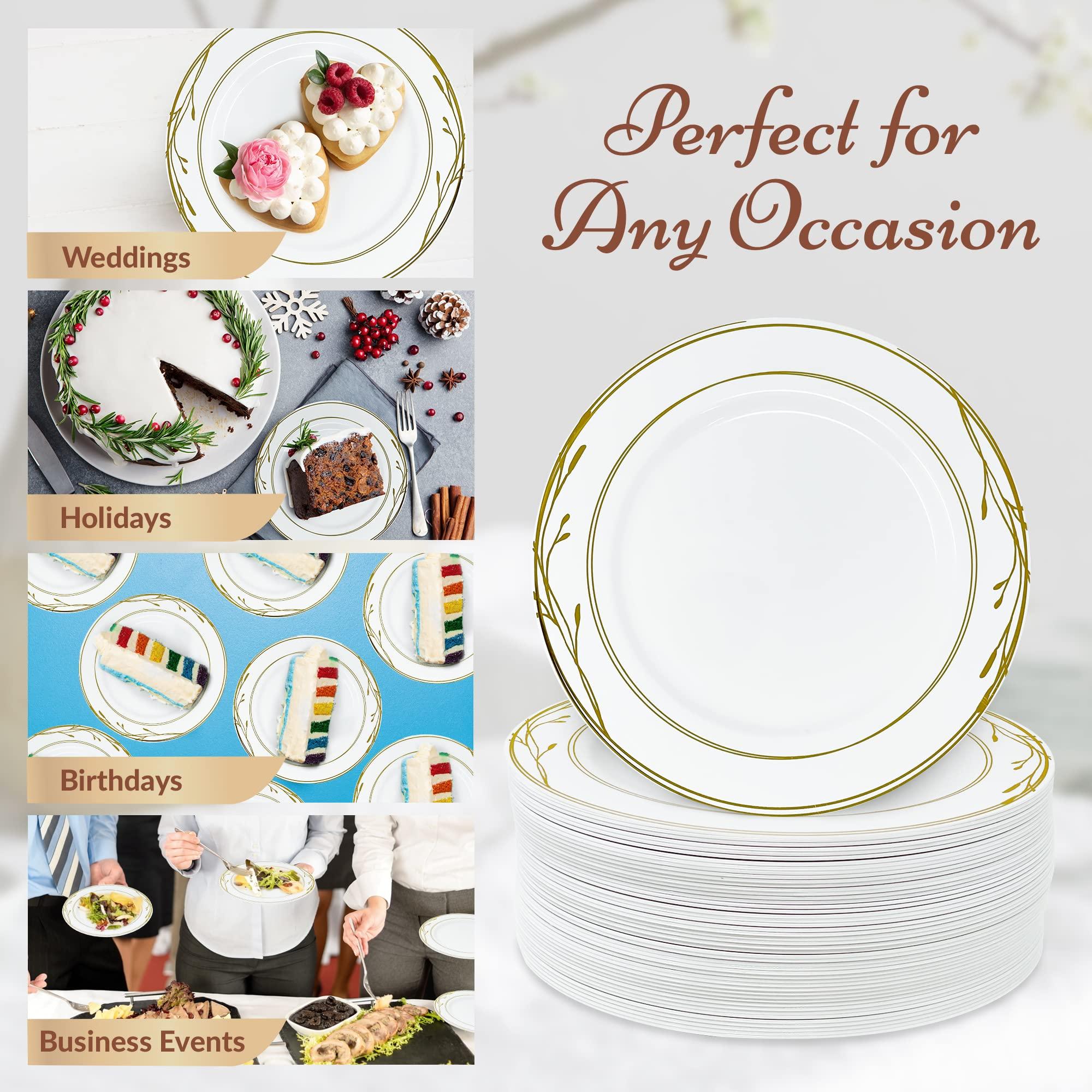 Reli. Reli. Disposable Plastic Plates, White & Gold Rim (110 Pcs, 7.5\" Dessert Plate) | Hard Plastic Dessert/Salad/Cake | Heavy Duty Disposable Round Trays for Party, Wedding, Event (Gold Trim)