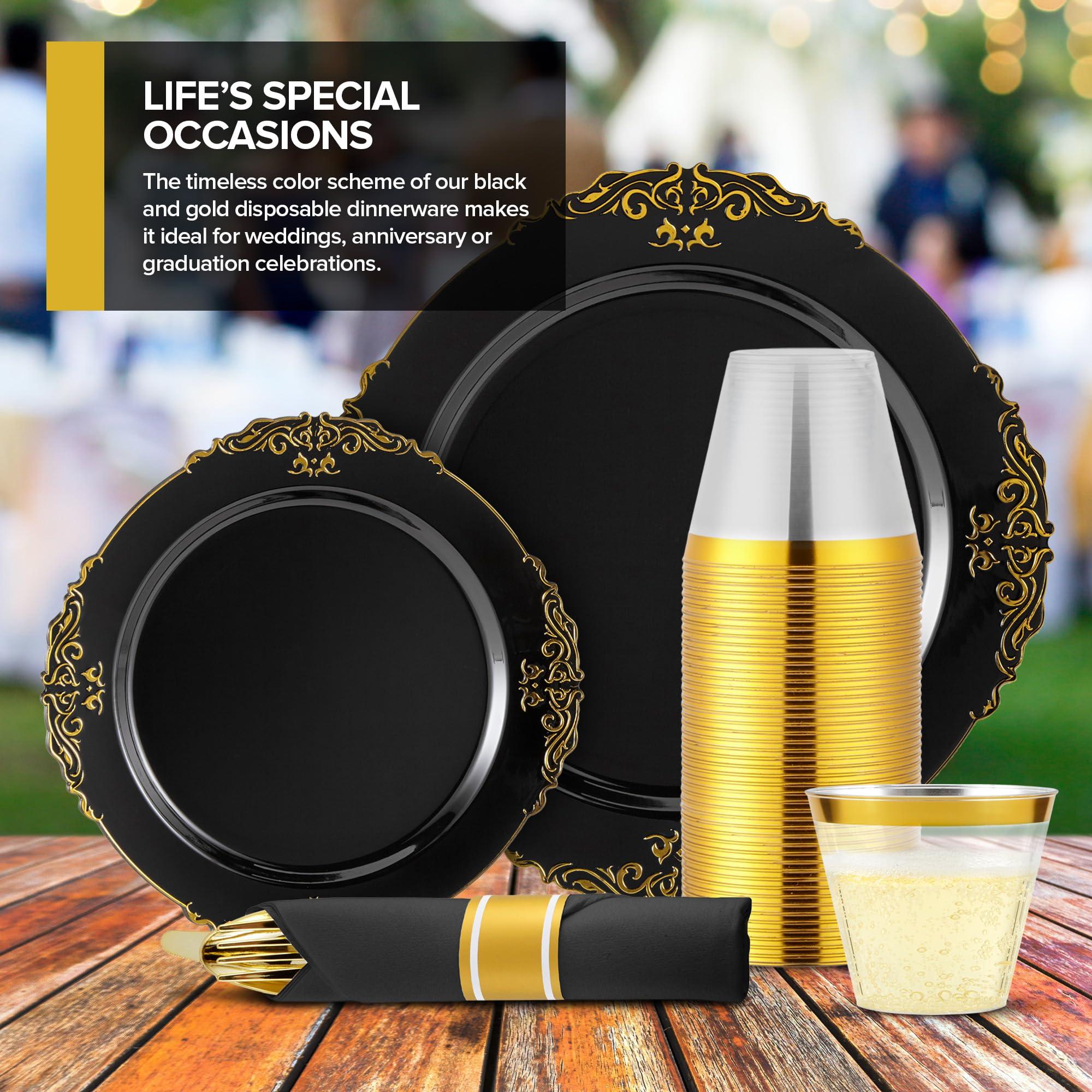 Stock Your Home Stock Your Home Black and Gold Plates Set with Pre-Rolled Cutlery with Napkins & Gold Cups, Dinnerware for 50 Guests (350pcs), Disposable Party Sets for Wedding, Bridal Shower, Graduation Parties