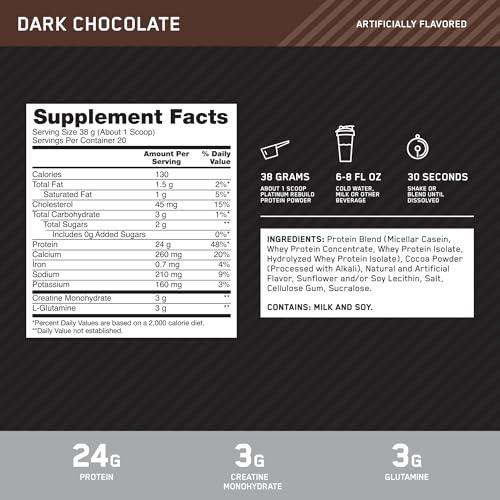 Optimum Nutrition Optimum Nutrition Platinum Rebuild, Premium Platinum Blend Protein Powder with Creatine Monohydrate, Dark Chocolate, 20 Servings