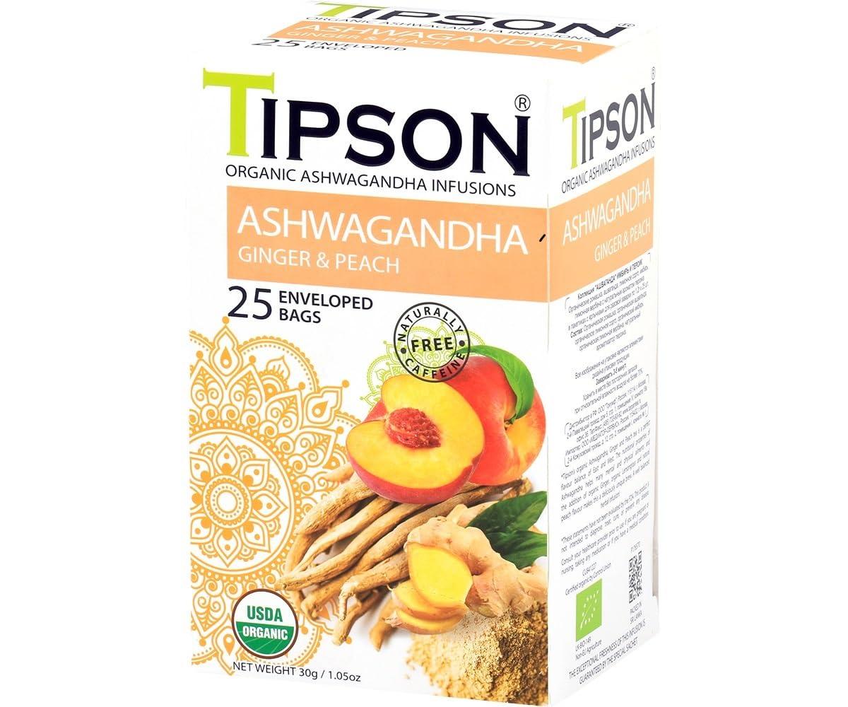 Tipson Tipson Organic Ashwagandha Tea Infusions - Ginger & Peach - Caffeine Free, Non GMO, Gluten Free - 25 Premium Tea Bags (Pack of 1)