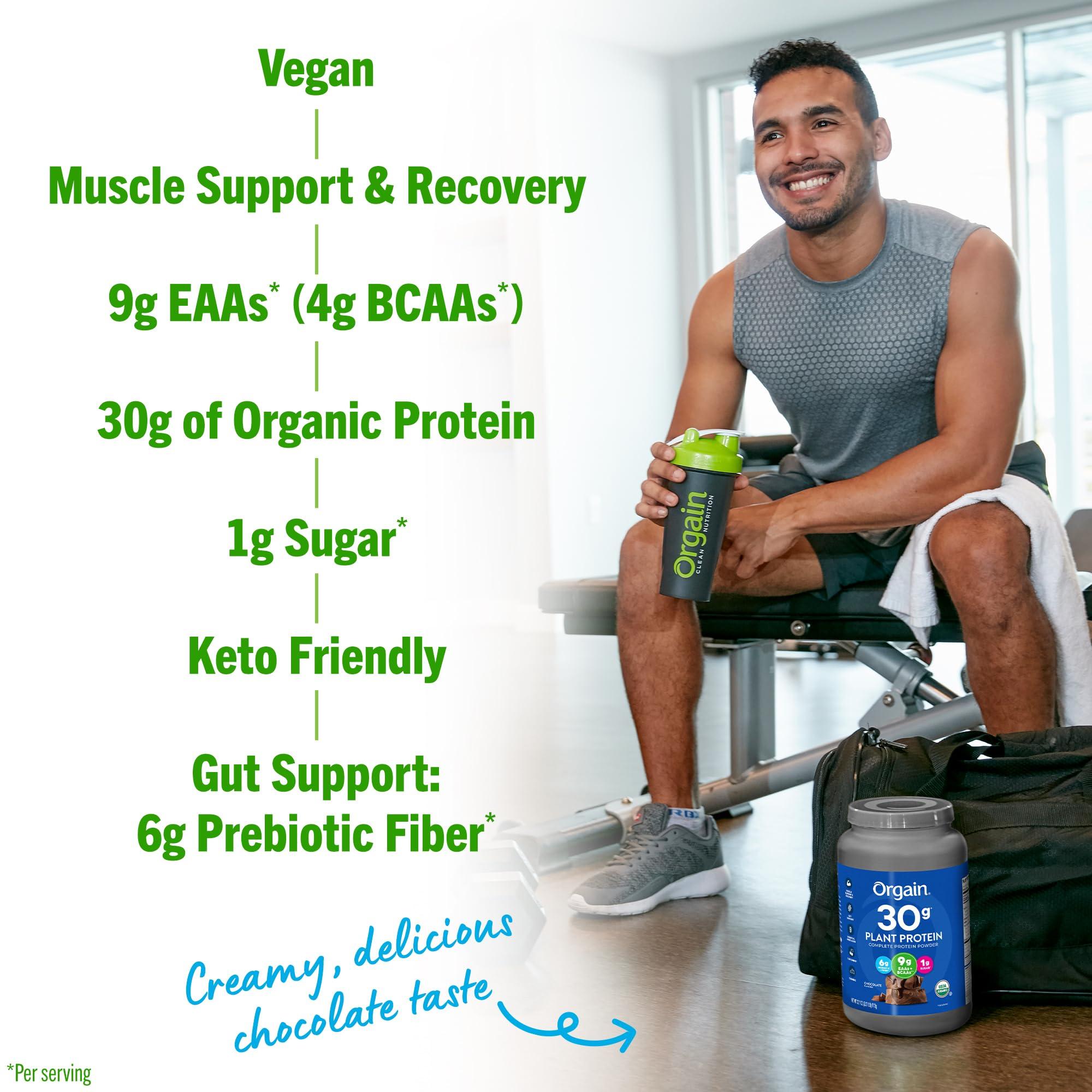 Orgain Orgain Organic 30g Vegan Protein Powder, Chocolate 9g EAAs + BCAAs, Plant Protein, 6g Prebiotic + Fiber, 1g Sugar, Pre-Workout, Muscle Support + Recovery - 2.01lb (Packaging May Vary)