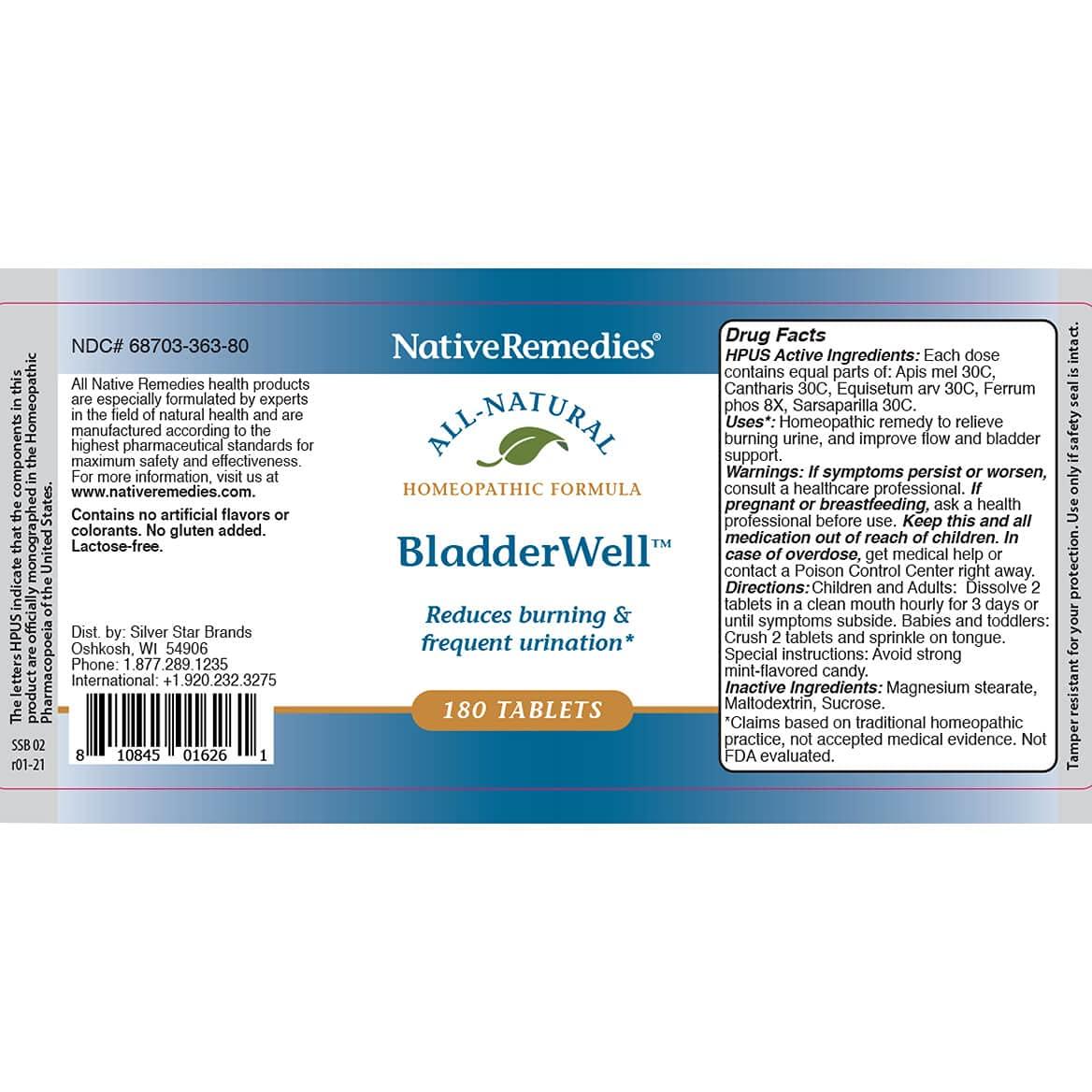 Native Remedies Native Remedies BladderWell Tablets - Natural Homeopathic Formula for Burning and Frequent Urination - Supports Bladder Health - 180 Tablets