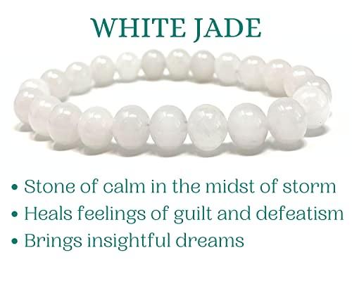 Soul Charms Crystals White Jade Beaded Crystal Bracelet 8mm Beads Stackable | Calming, Energy Balance, Protection, Dreaming, Spiritual Gift Her, Healing Bracelet