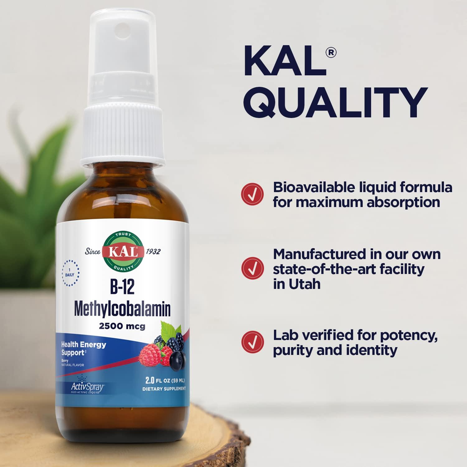 KAL KAL Vitamin B12 Methylcobalamin ActivSpray 2500mcg, Healthy Energy, Metabolism, Nerve & Red Blood Cell Support,* Fast-Acting Liquid B12, Maximum Absorption, Natural Berry Flavor, 80 Servings, 2 fl oz