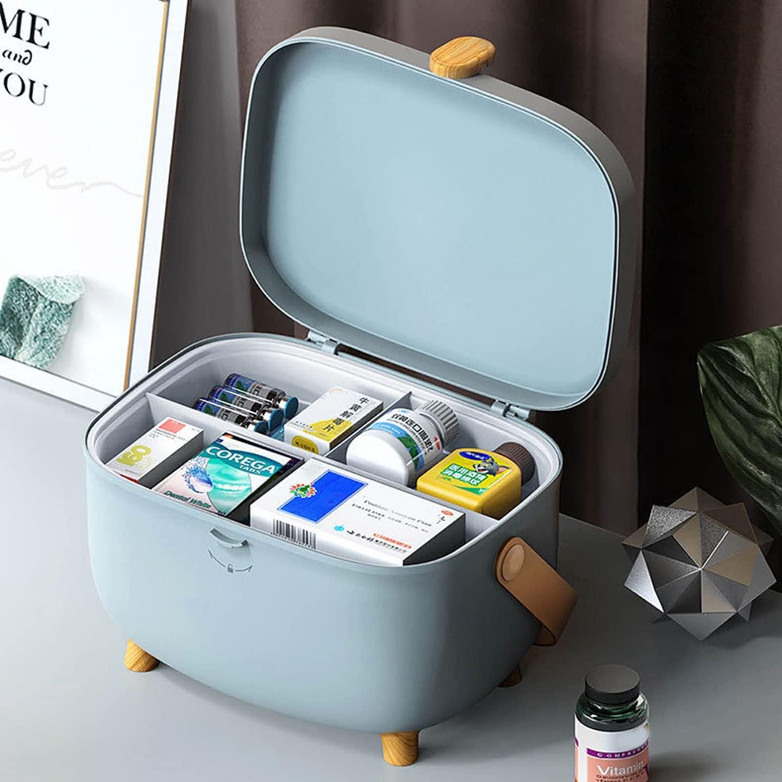 Generic Medicine Storage Box, Double Layers Medicine Organizer Box with 360 Rotation Lock Plastic Medicine Box Organizer Storage with Handle First Aid Kit Box(Blue)
