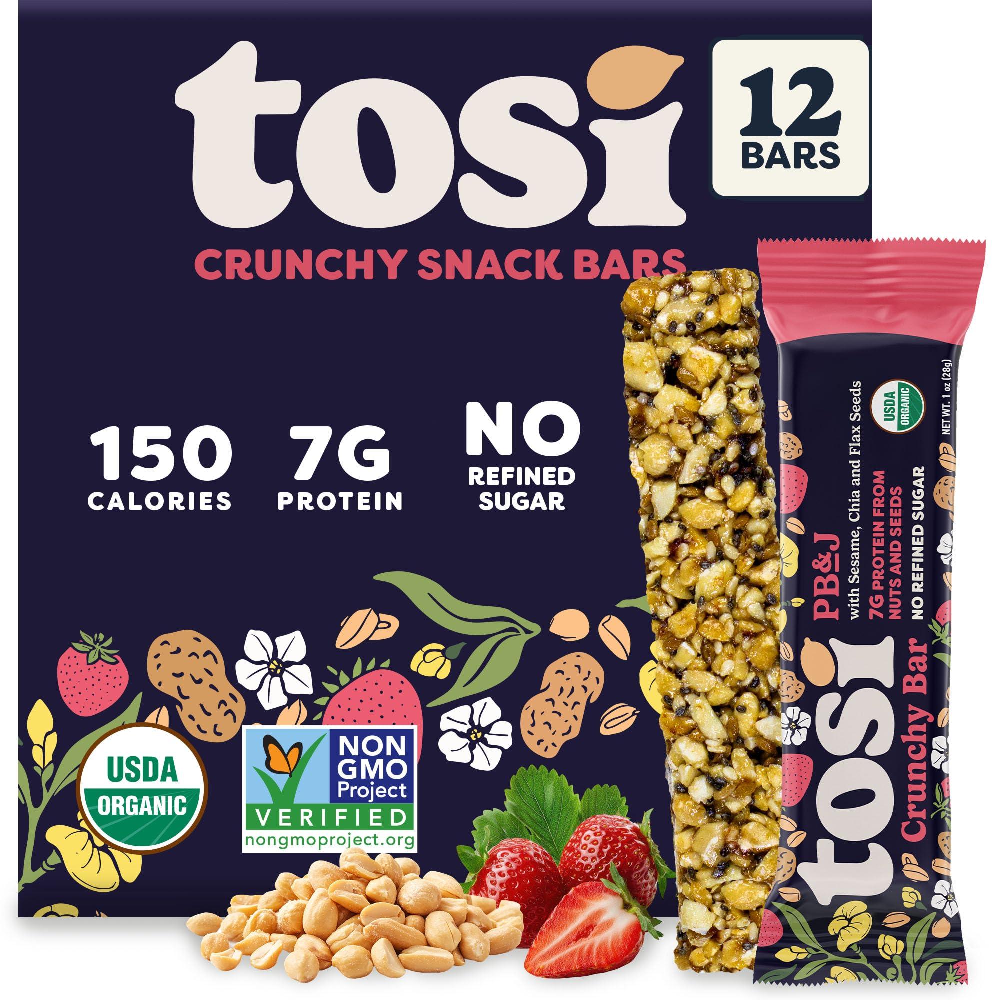 Tosi Tosi Peanut Butter & Jelly Protein Bars, Plant Based with Nuts, Gluten-Free Crunchy Snacks, Vegan, Organic, Flax & Chia Seeds, Soy-Free, Omega 3s, 7G Protein, 1 oz, 12-Pack