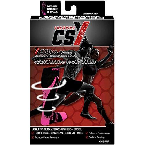 Champion CSX CSX Compression Socks for Men and Women, Knee High, Recovery Support, Athletic Sport Fit, Pink on Black, X-Small (15-20 mmHg)