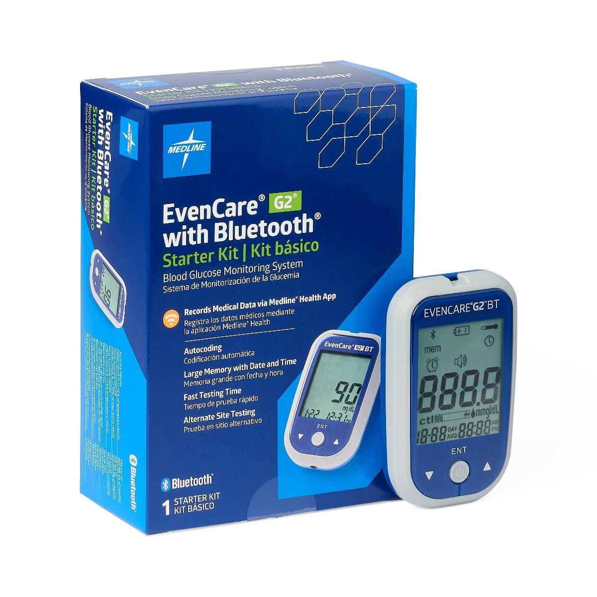 Medline Medline EvenCare G2 Blood Glucose Monitoring Meter with Bluetooth Connectivity Starter Kit with Reusable Lancing Device, 10 Lancets, 10 Test Strips, User\'s Guide, and Carrying Case