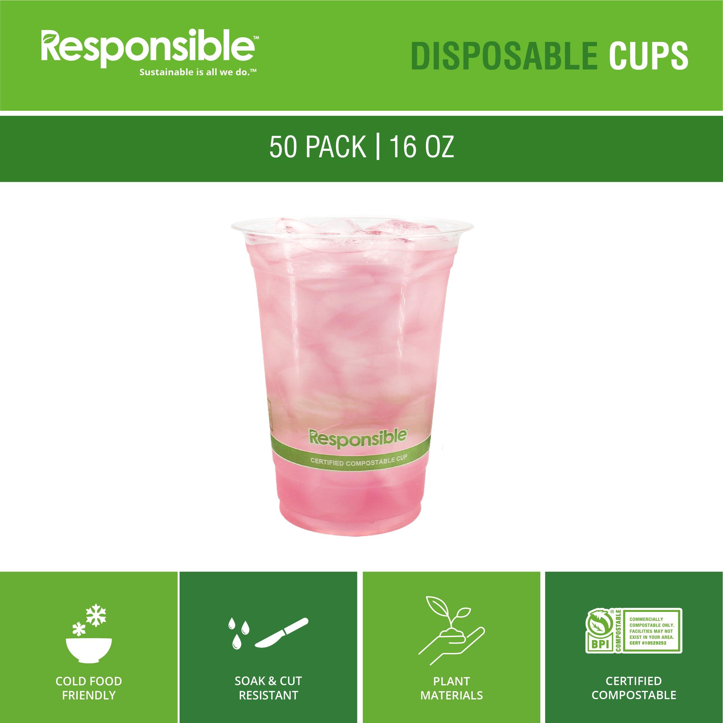 Responsible Products Responsible Products 16 oz Clear Cold Cup, Certified Compostable and Made from 100% American Biobased Materials, No-PFAS Added & BPA-Free (50 Count)