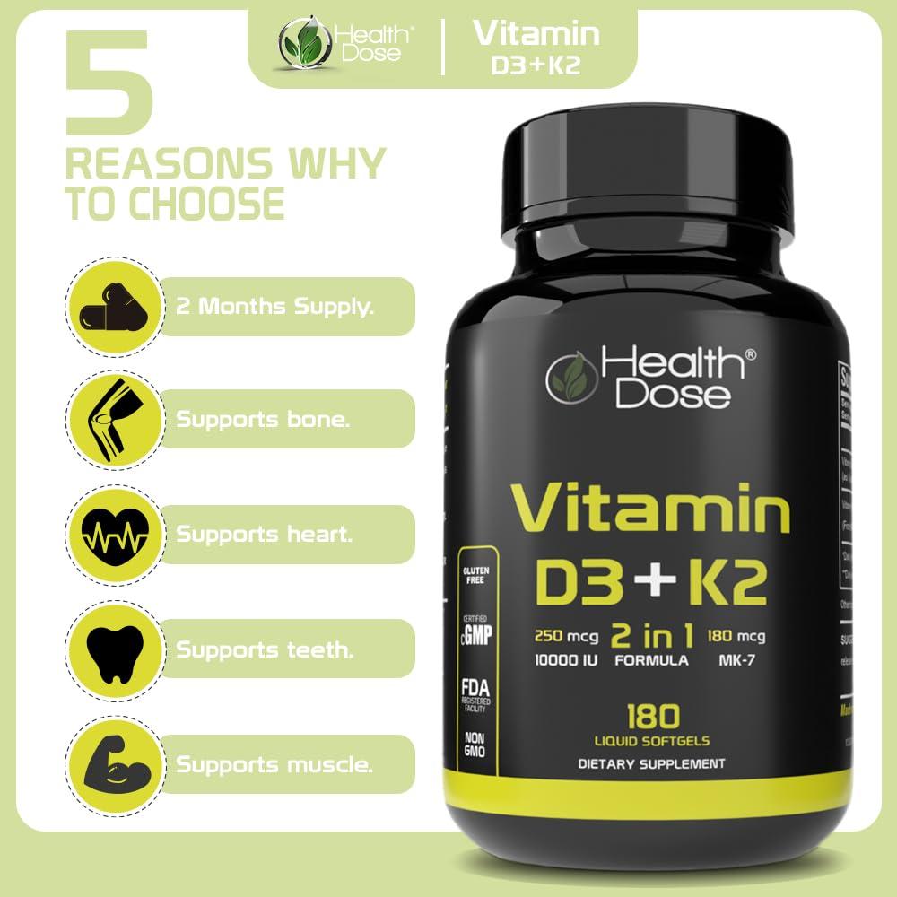 Health Dose Health Dose Vitamin D3 10,000 IU + K2 (MK7) Supplement, 2-in-1 Formula, Immune Support, a Healthy Mood, Heart, Joint, Teeth, Bone Health, Calcium Absorption, 180 softgels. (2)