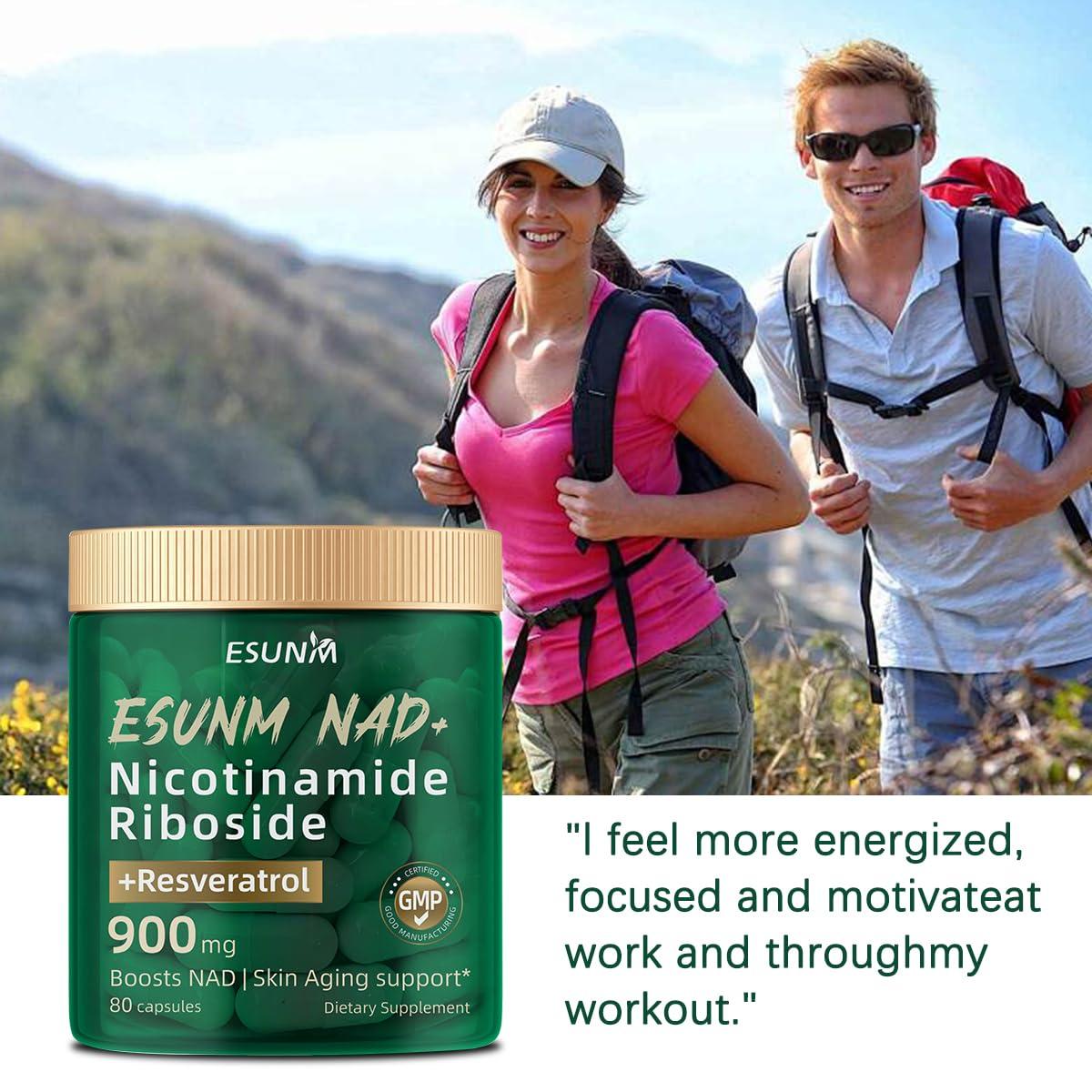 ESUNM Nicotinamide Riboside 900mg, NAD+ Supplement Resveratrol Nutritional Supplements, Supplement for Anti-Aging, Energy, Focus - 80 Capsules