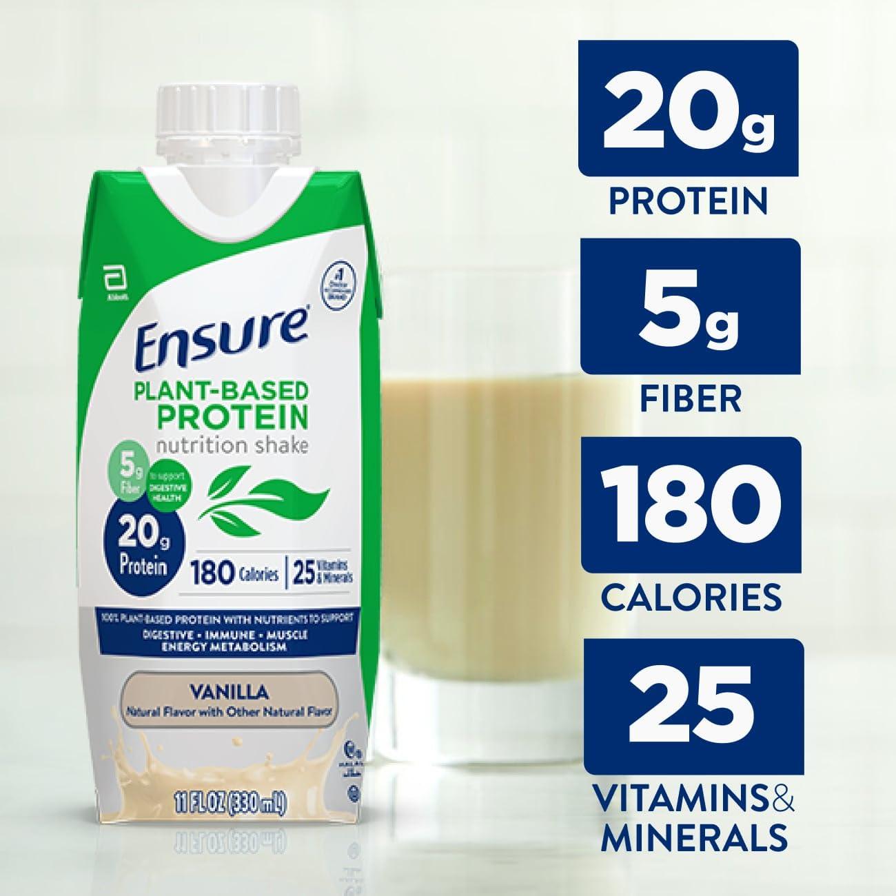 Ensure Ensure 100% Plant-Based Vegan Protein Nutrition Shakes with 20g Fava Bean and Pea Protein, Vanilla, 11 fl oz,(Pack of 12)