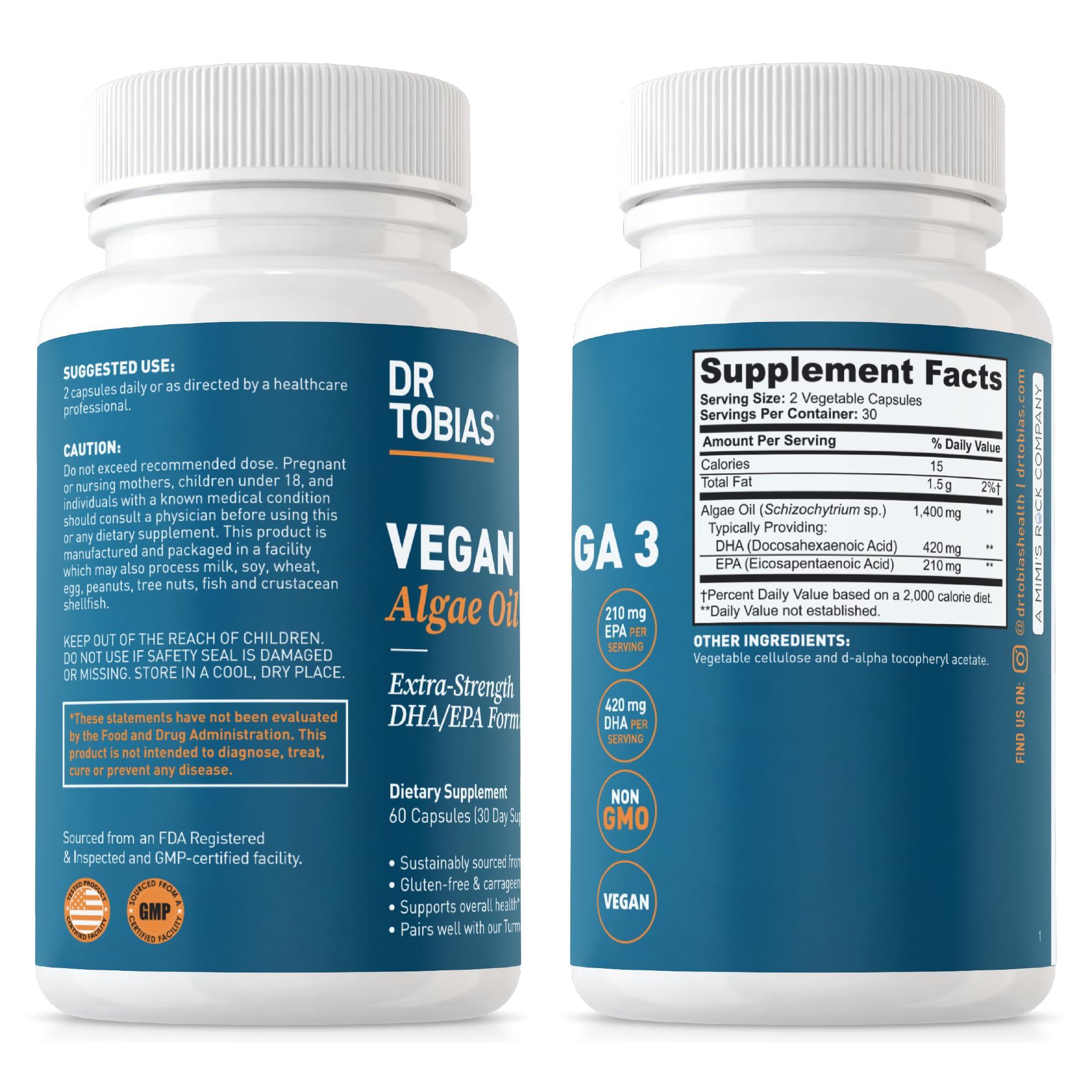 Dr. Tobias Dr. Tobias Vegan Omega 3 Supplement - 1400mg Algae Oil, 420mg DHA, and 210mg EPA per Serving - Non-GMO, Gluten-Free, Carrageenan-Free - 60 Capsules, 30 Servings