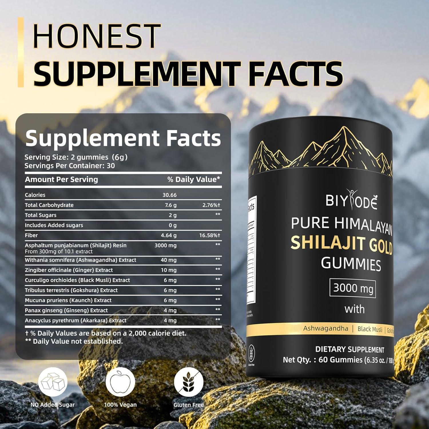 BIYODE BIYODE Shilajit Gummies: Pure Shilajit Himalayan Rich in Ashwagandha Gaulshura Fulvic Acid 85 Micronutrients Suitable for Men and Women No Added Sugar Non-GMO 100% Natural Organic 60 Gummies