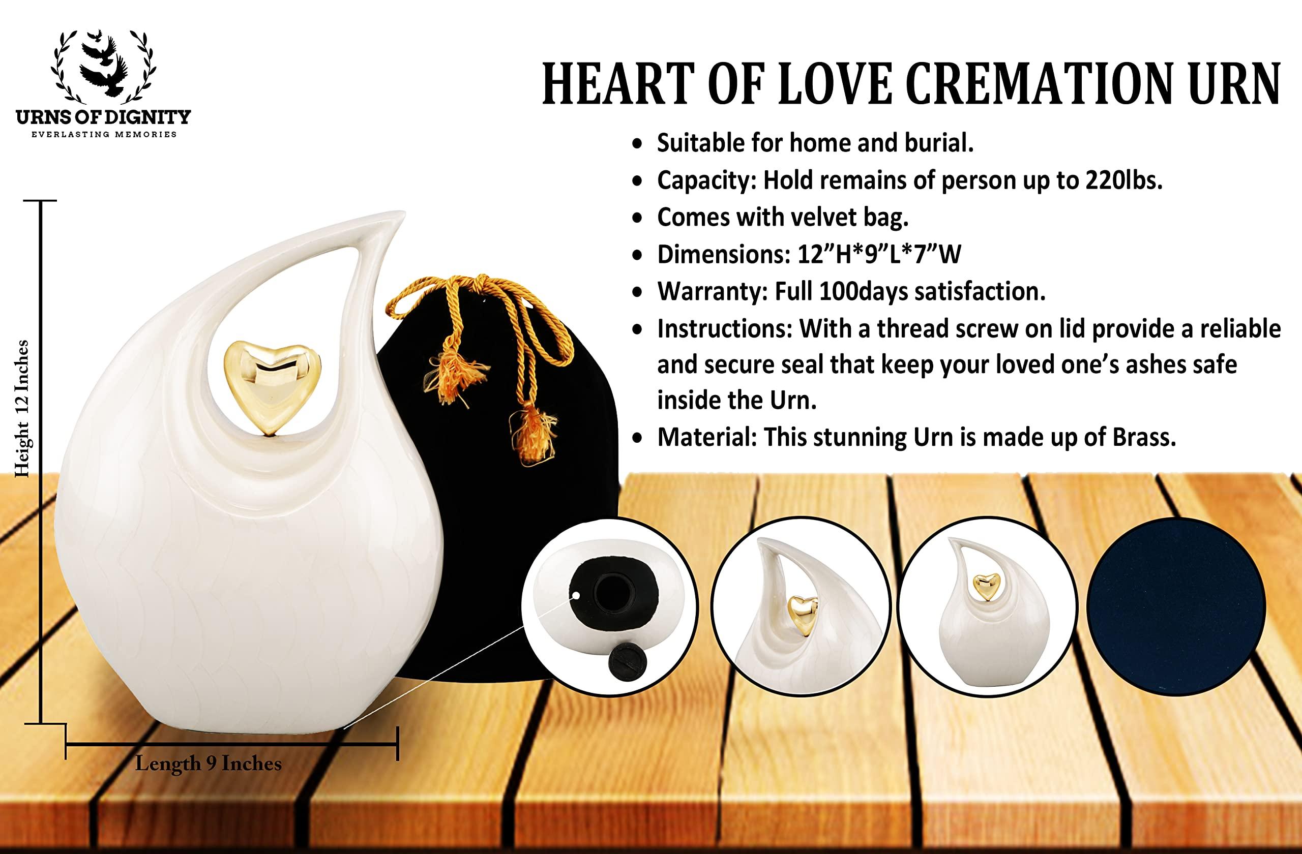 URNS OF DIGNITY Heart of Love Adult Cremation Urns for Human Ashes - Decorative Urns,Urns for Human Ashes Female & Male,Urns for Ashes Men & Women,Funeral Urn (White Gold, Adult)