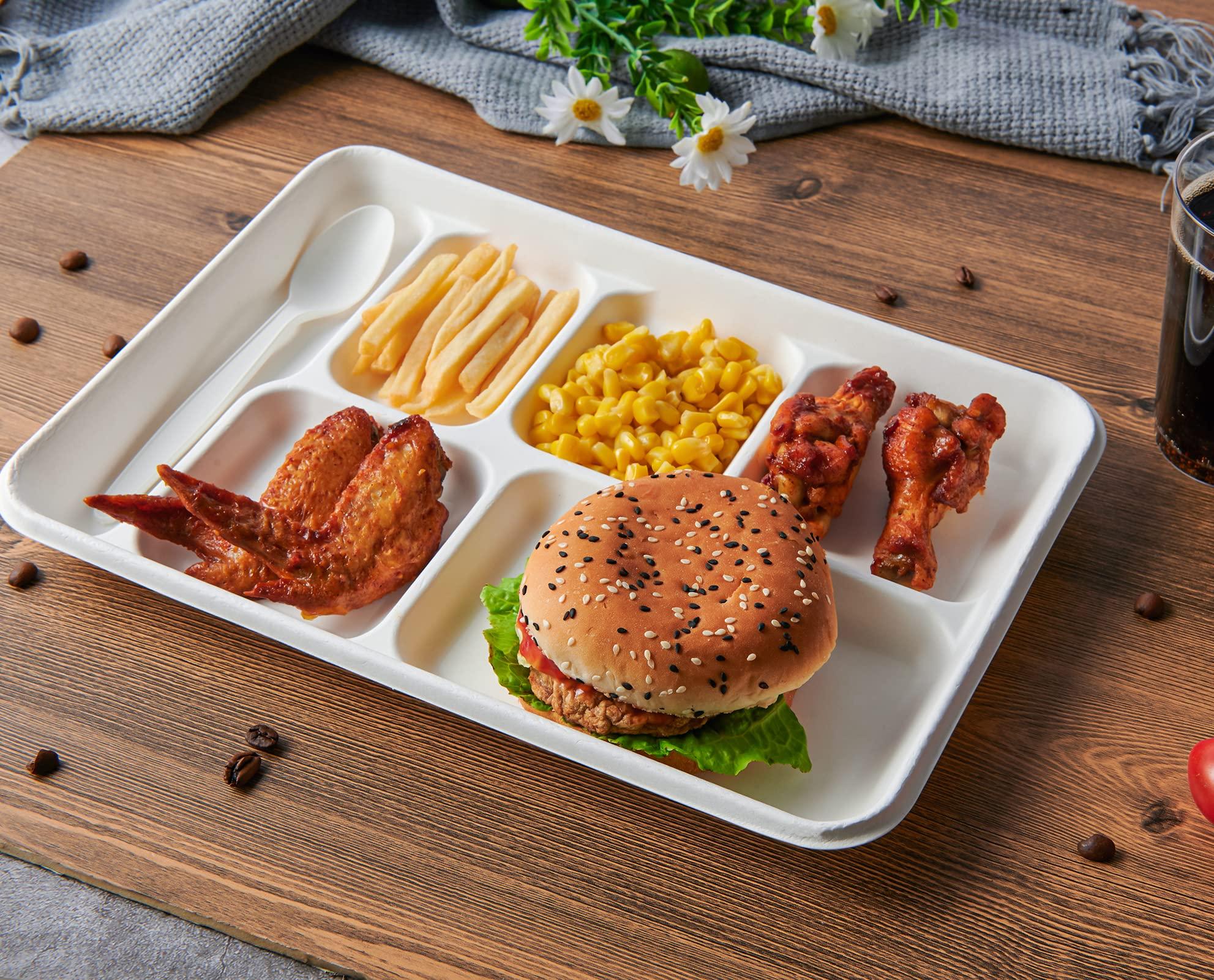 Vplus Vplus 100% Compostable 6 Compartment Plates, 90 Pack Compartment Paper Plate, 12.5 * 8.6 inch Disposable School Lunch Trays, Eco-Friendly Bagasse Plates for School Lunch, Buffet, and Party