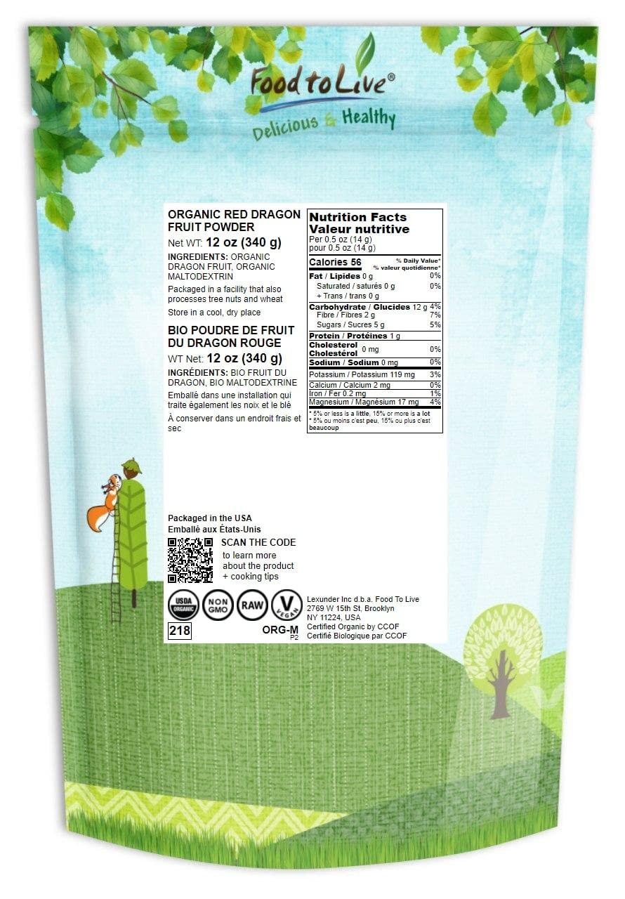 Food to Live Food to Live Organic Dragon Fruit Powder, 12 Ounces Non-GMO, Powdered Red Pitaya, Vegan, Bulk. Contains Maltodextrin. Rich in Antioxidants, Fiber, Vitamin C. Perfect for Shakes, Smoothie Bowls