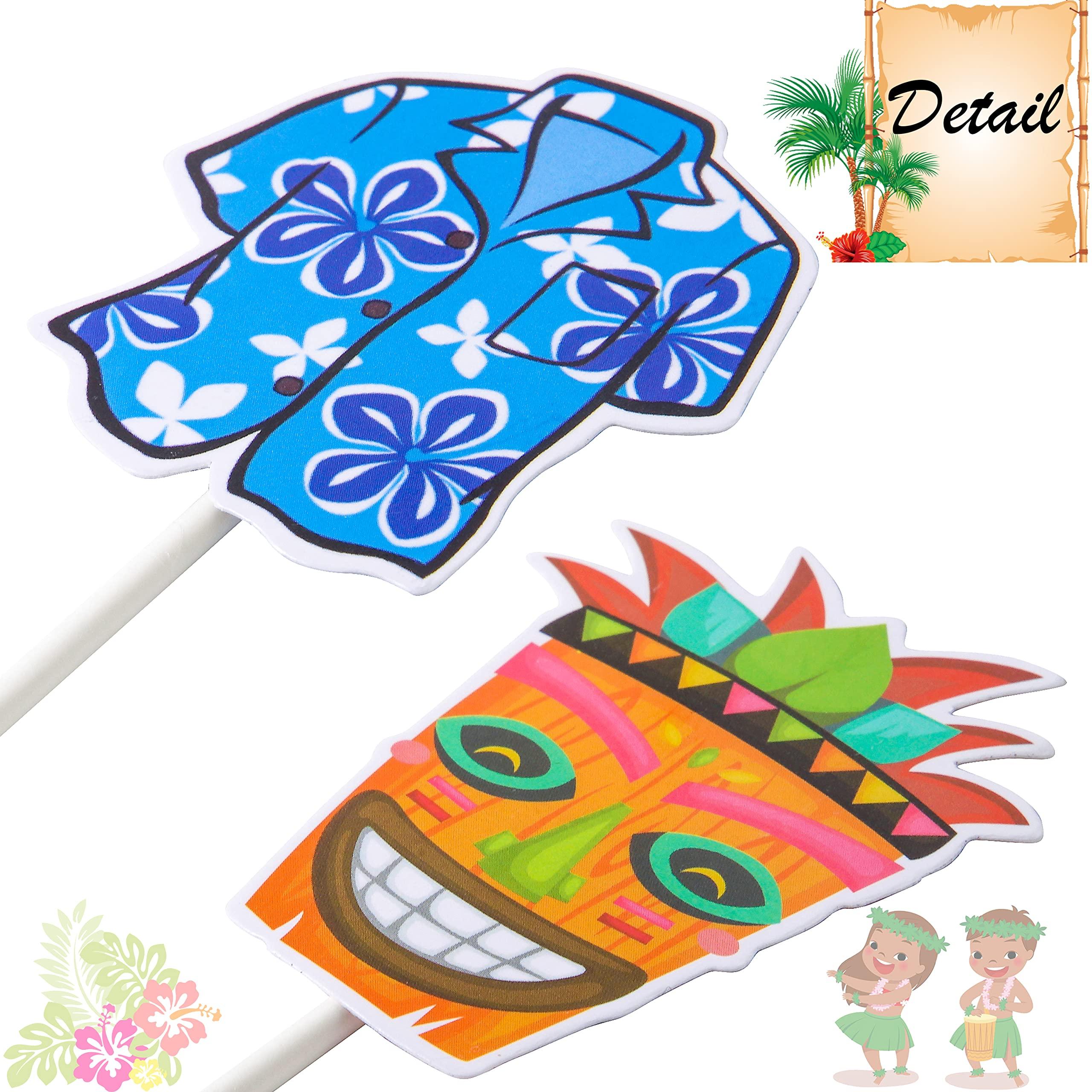 C L cooper life 32 Pcs Hawaii Aloha Luau Cupcake Toppers Hawaiian Tropical Summer Theme Birthday Party Cake Decorations with Palm Leaves Flamingo Tiki Coconut Pattern