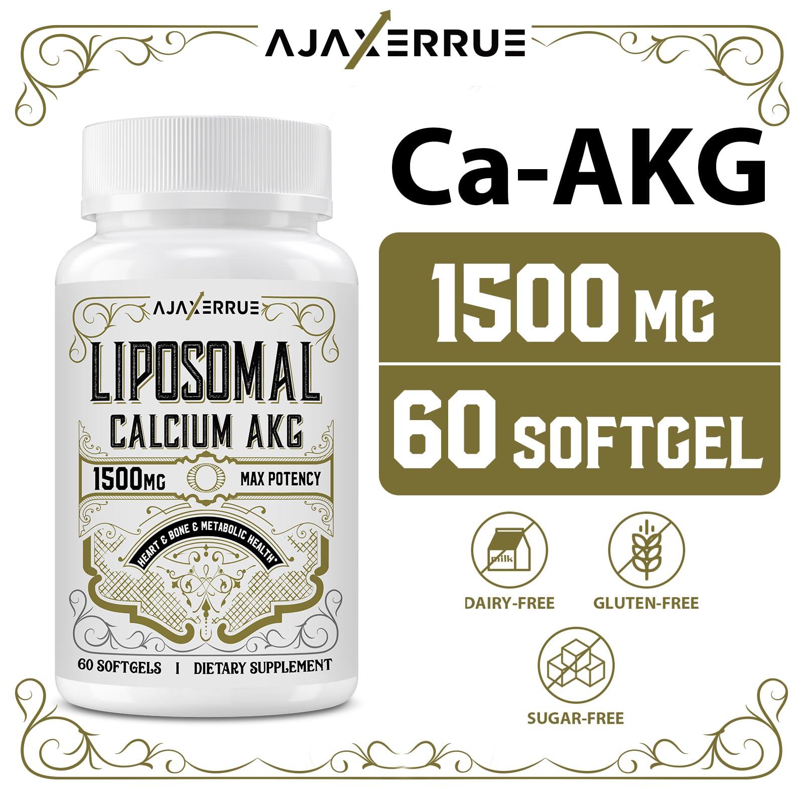 AJAXERRUE Liposomal Calcium AKG Supplement 1500 MG (Alpha-Ketoglutaric Acid), High Absorption, More Effective Than AAKG, Ca AKG for Longevity, Age Defense, Cellular Energy, Metabolic Function, 60 Softgels