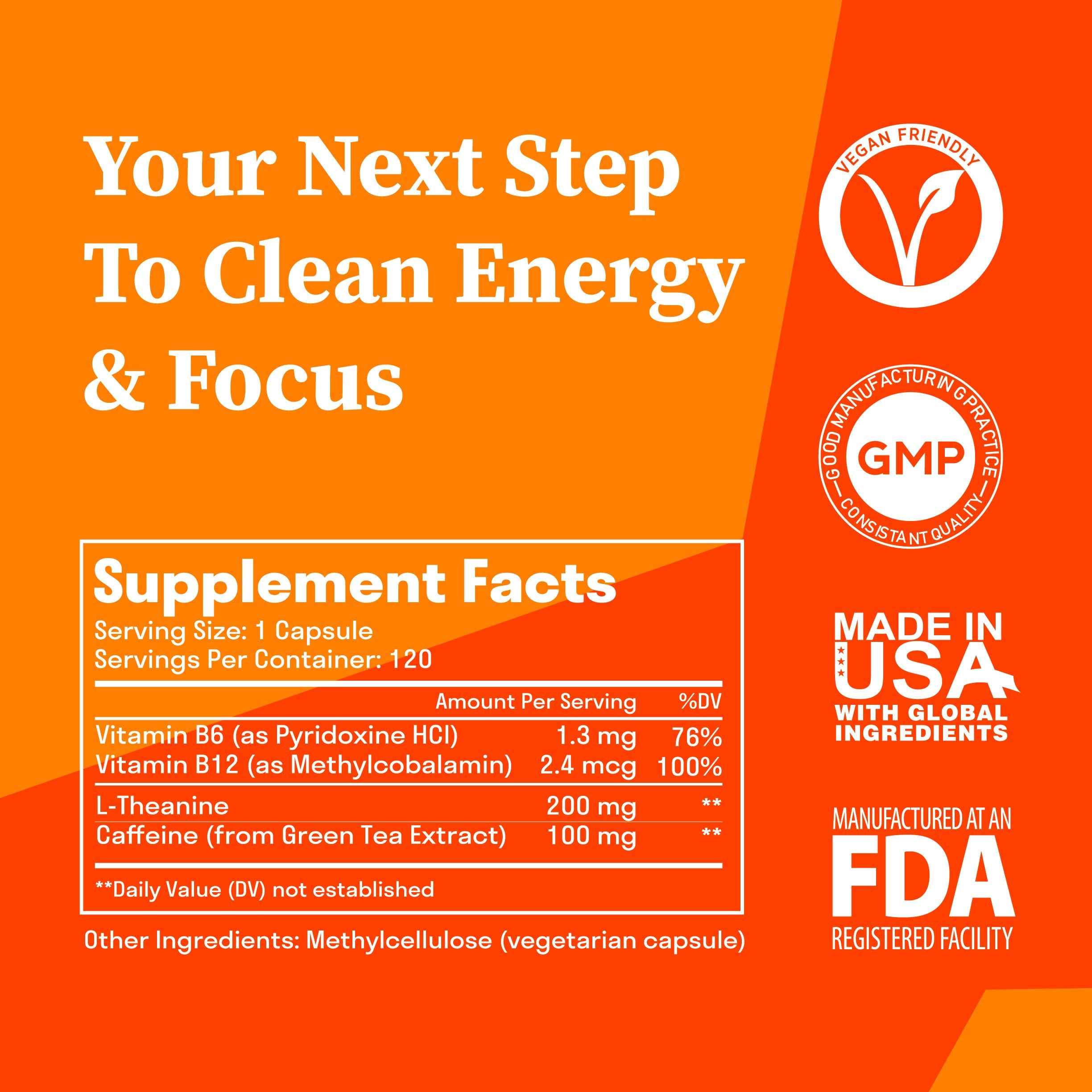 Aromatik Aromatik Caffeine L-Theanine Focus Supplement | Caffeine (100 mg) + L-Theanine (200 mg) + B Vitamins | Energy Focus Cognition | USA Made at FDA Registered Facility | Vegan Capsules | 120 Servings