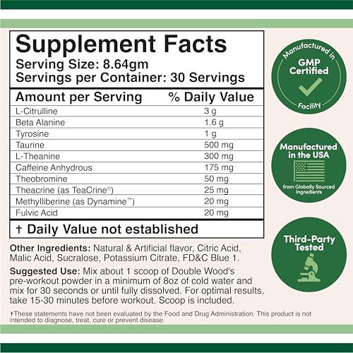Double Wood Supplements Pre Workout Powder for Men & Women (30 Servings of Caffeine, Beta Alanine, L-Citrulline, Dynamine, L-Theanine, Taurine, Theacrine, & More) Preworkout Powder with Scoop by Double Wood (Blue Raspberry)