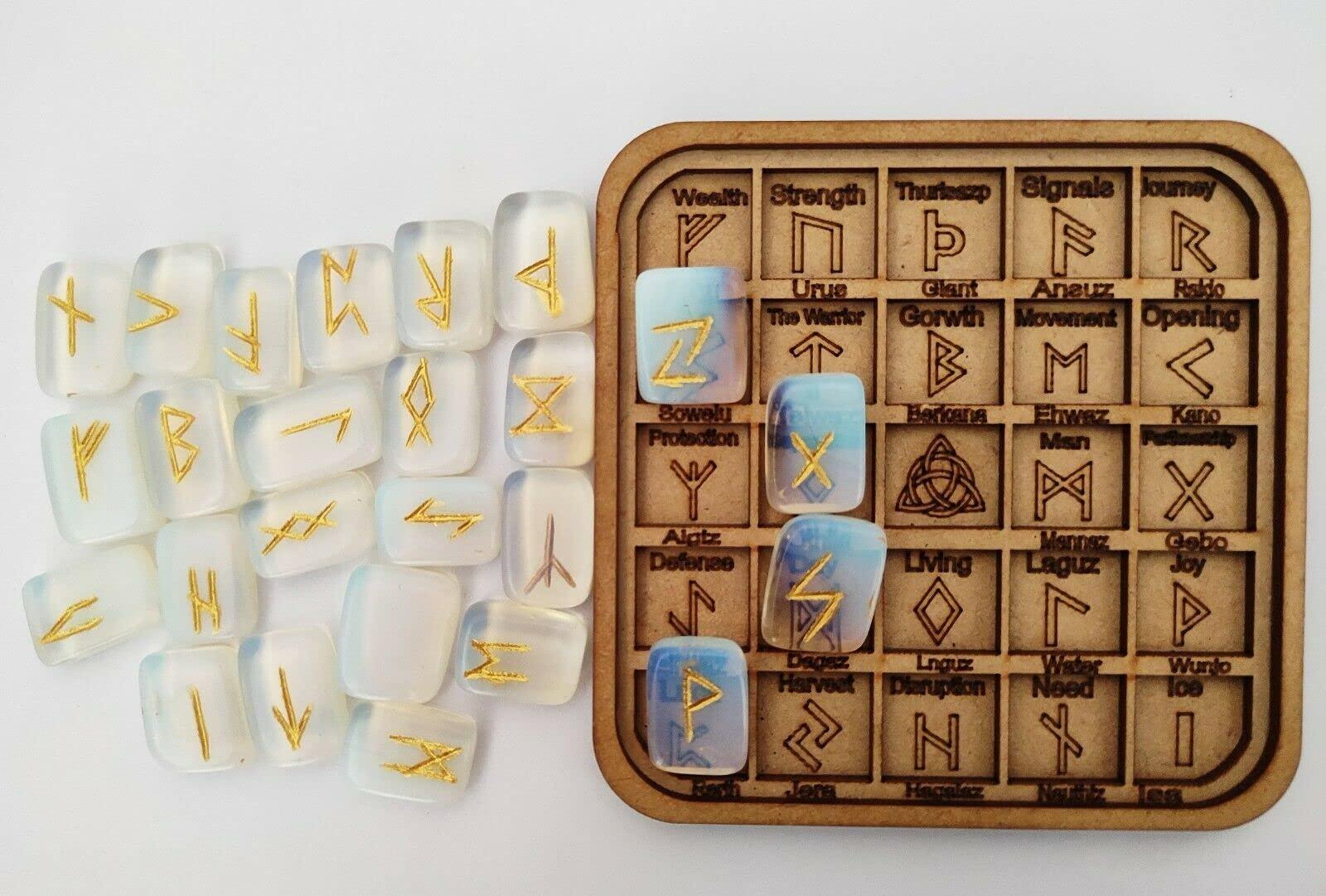 Nirdesh Nirdesh Milkey Opalite Runes Crystal Rune Stones Set Elder futhark Viking Gemstone Reiki Healing Golden Engraved Runic Alphabets with Pouch & Runic Symbol Chart Wooden