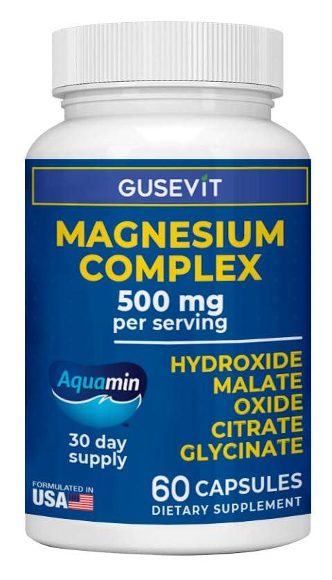 Gusevit 5-in-1 Gusevit Magnesium Complex, Aquamin Magnesium Hydroxide, Malate, Oxide, Citrate, Glycinate, 60 Capsules, 30 Days Supply,