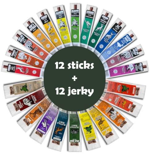 Buffalo Bob's Buffalo Bob\'s Wild Game Meat Snacks (24 pack), Beef Jerky Assortment Pack of Flavorful Strips & Sticks, Exotic Jerky Gift Baskets for Men, Meat Variety Pack for Valentines & Christmas, Meat Bouquet