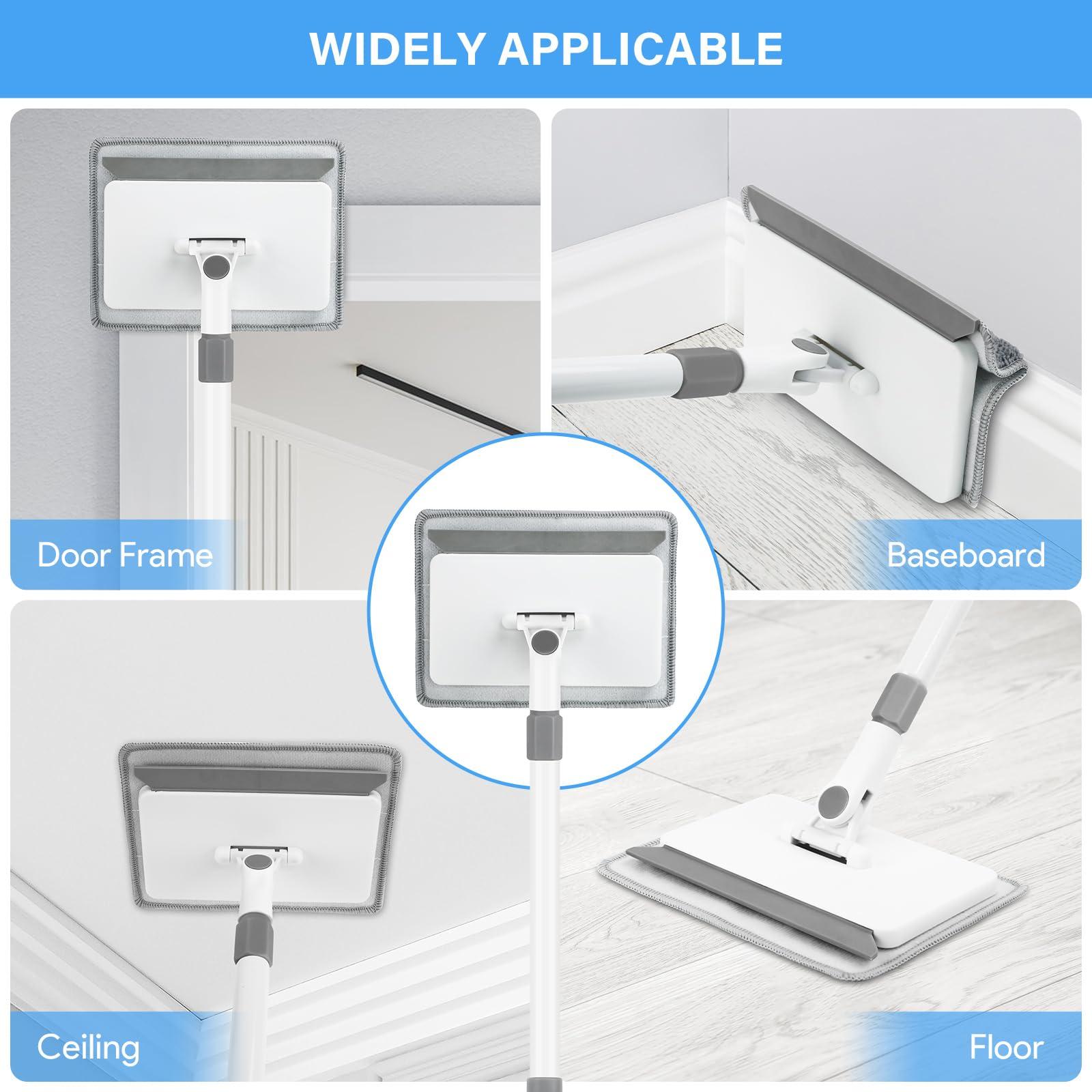 DELUX Baseboard Cleaner Tool with Handle, Baseboard Cleaner with Extendable Long Handle, 4 Reusable Cleaning Pads Wall Cleaner for Baseboards Cleaning, Ceiling, Wall, Floor, Shower Bathroom Kitchen