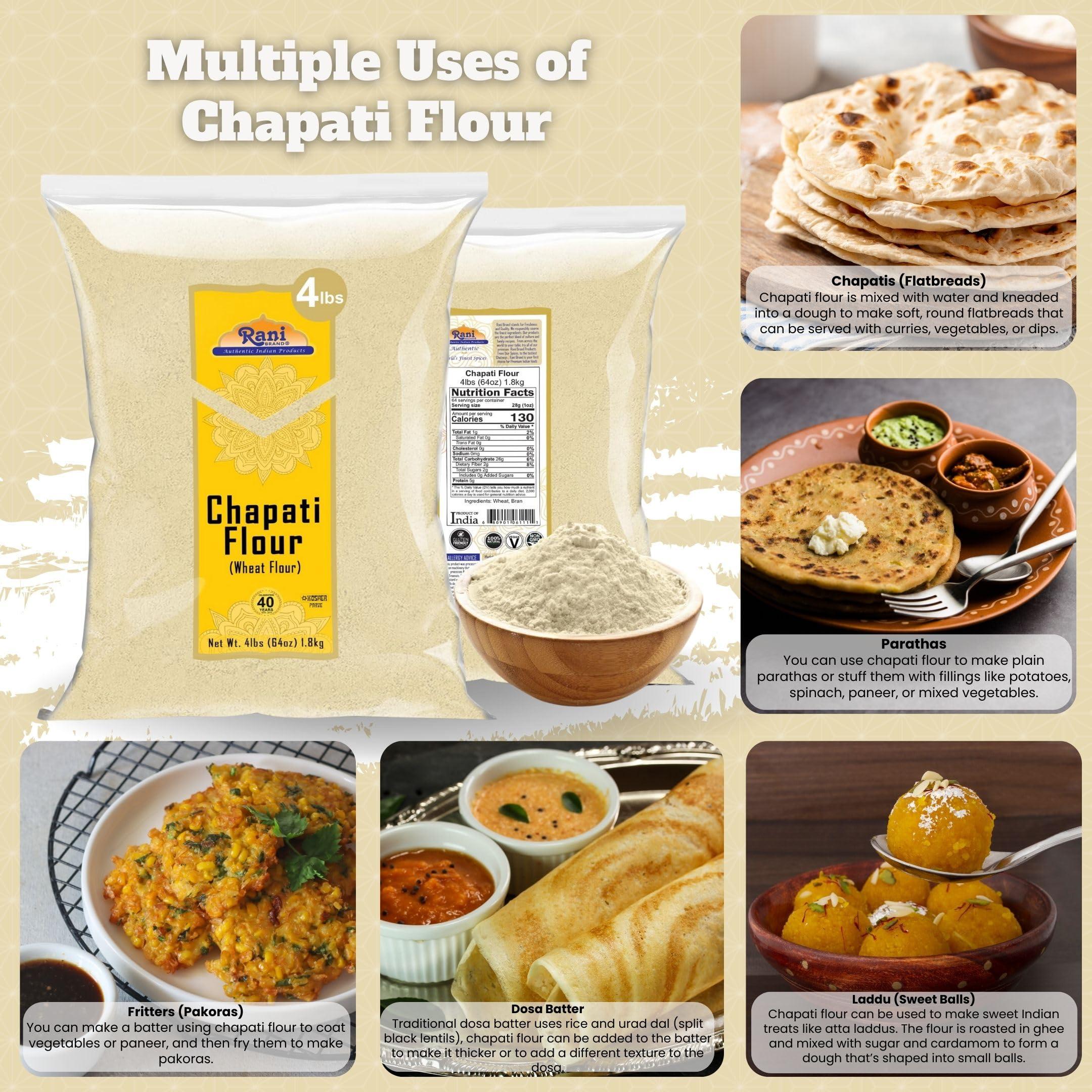 Rani Brand Authentic Indian Products Rani Chapati Flour (100% Pure Whole Wheat Atta), For Making Roti & Indian Breads 64oz (4lbs) 1.81kg Bulk ~ All Natural | Vegan | No Salt or Colors | NON-GMO | Kosher | Indian Origin